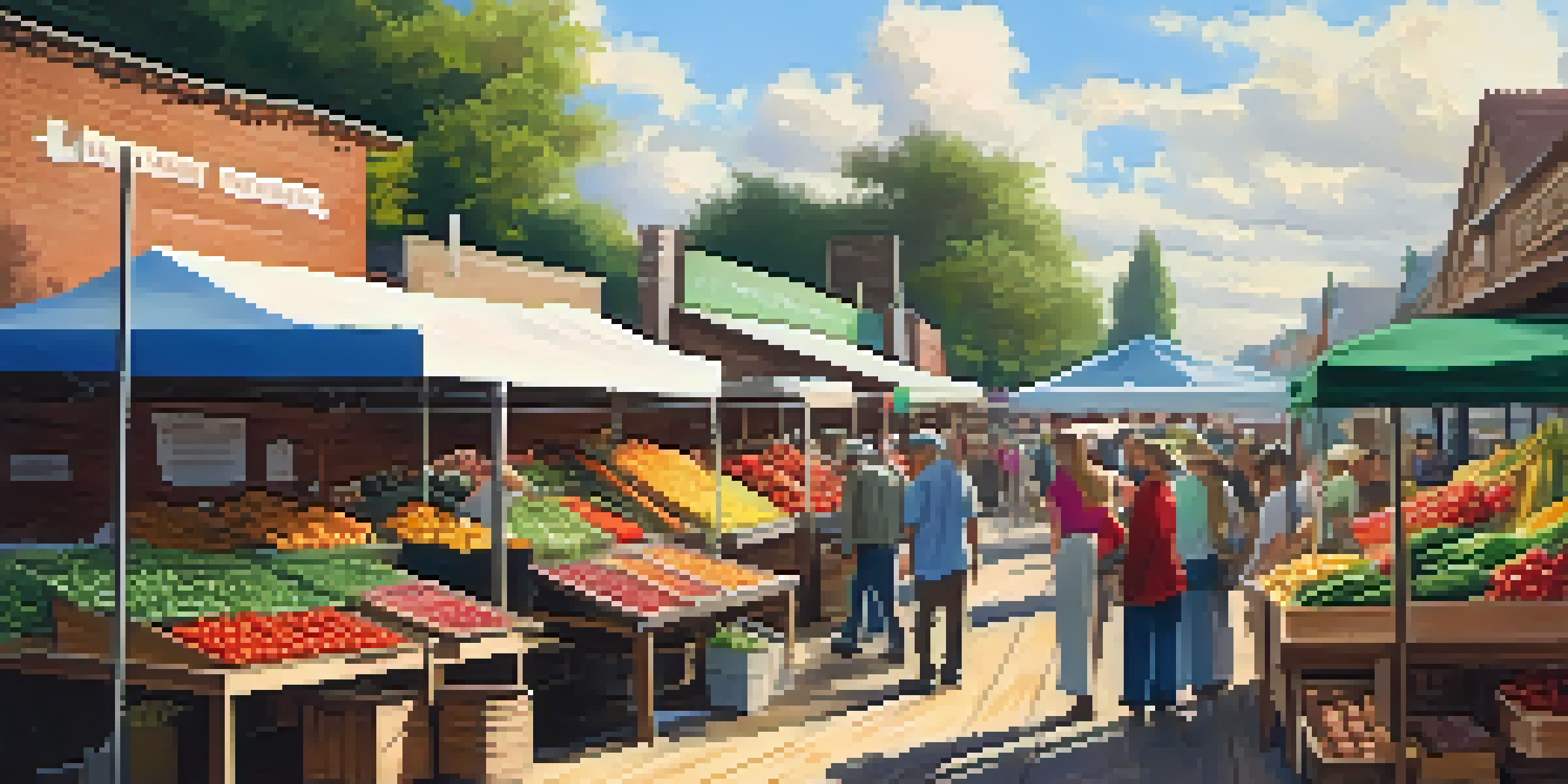 A lively farmers market filled with colorful fruits and vegetables, families interacting with farmers, and a sunny atmosphere.
