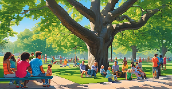 A lively urban park with families and children playing, while a diverse group of adults engages in a community meeting under a large oak tree.