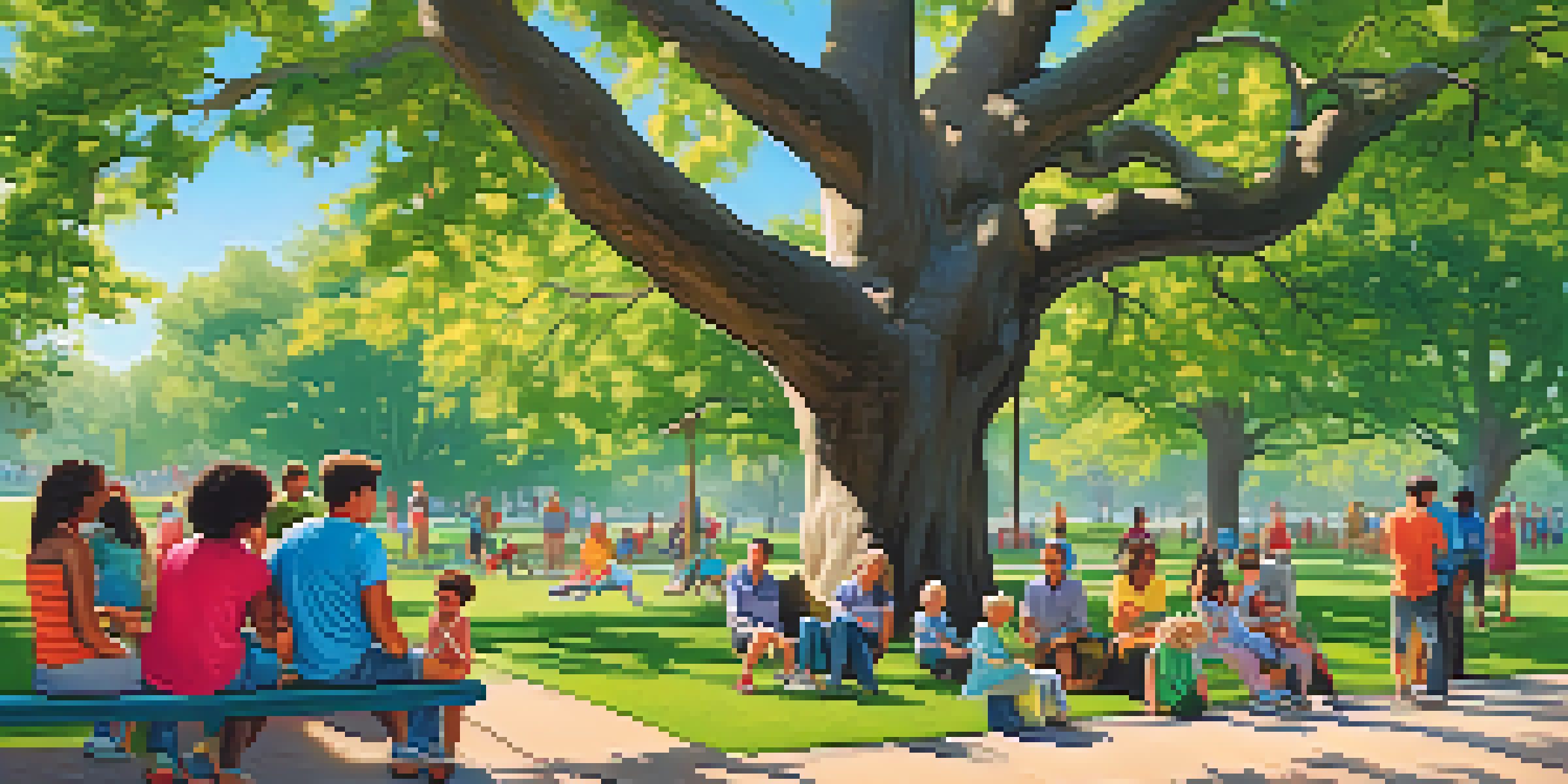 A lively urban park with families and children playing, while a diverse group of adults engages in a community meeting under a large oak tree.