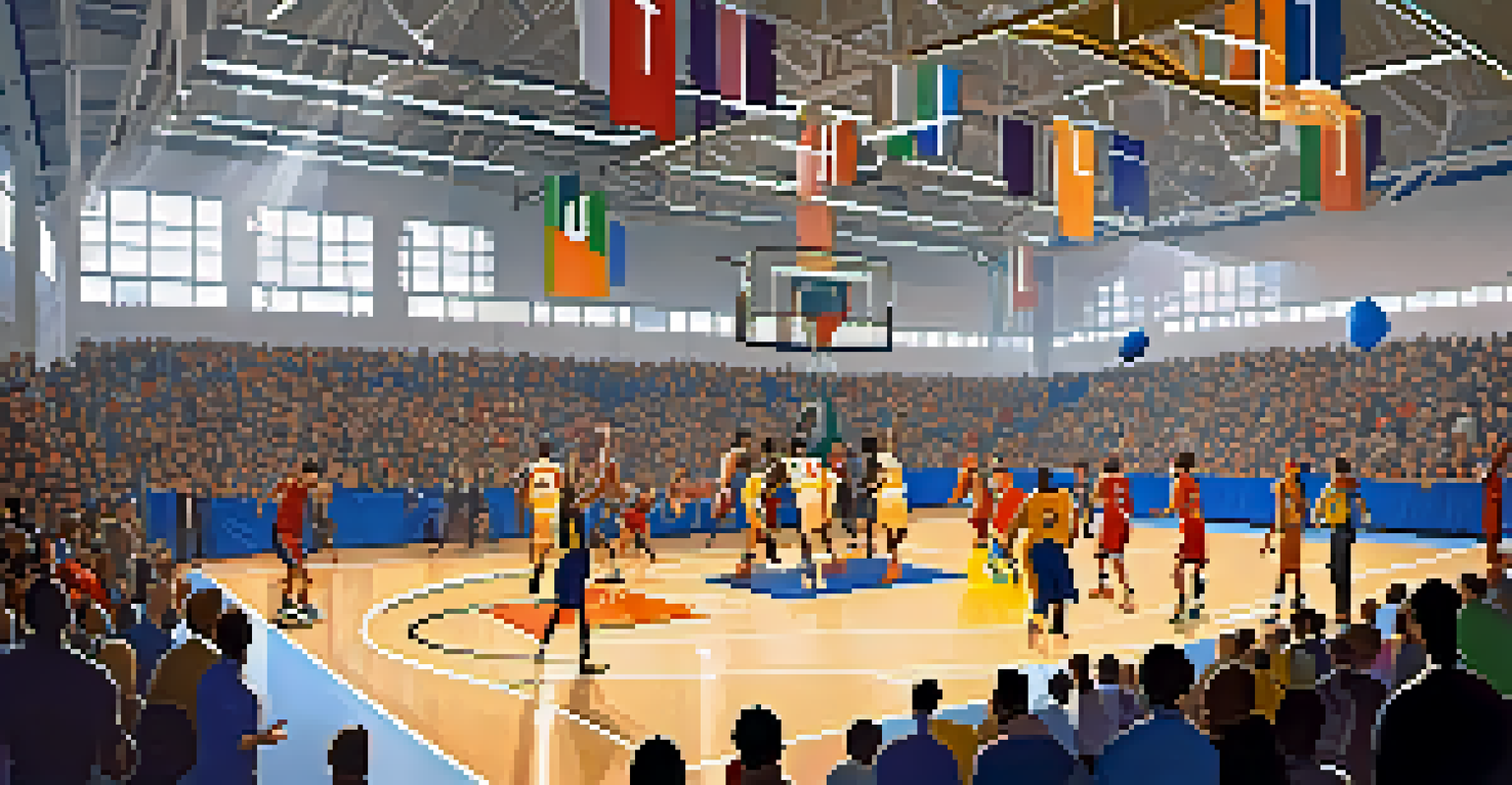 A local basketball charity game in a bustling gymnasium with players in action and enthusiastic fans.