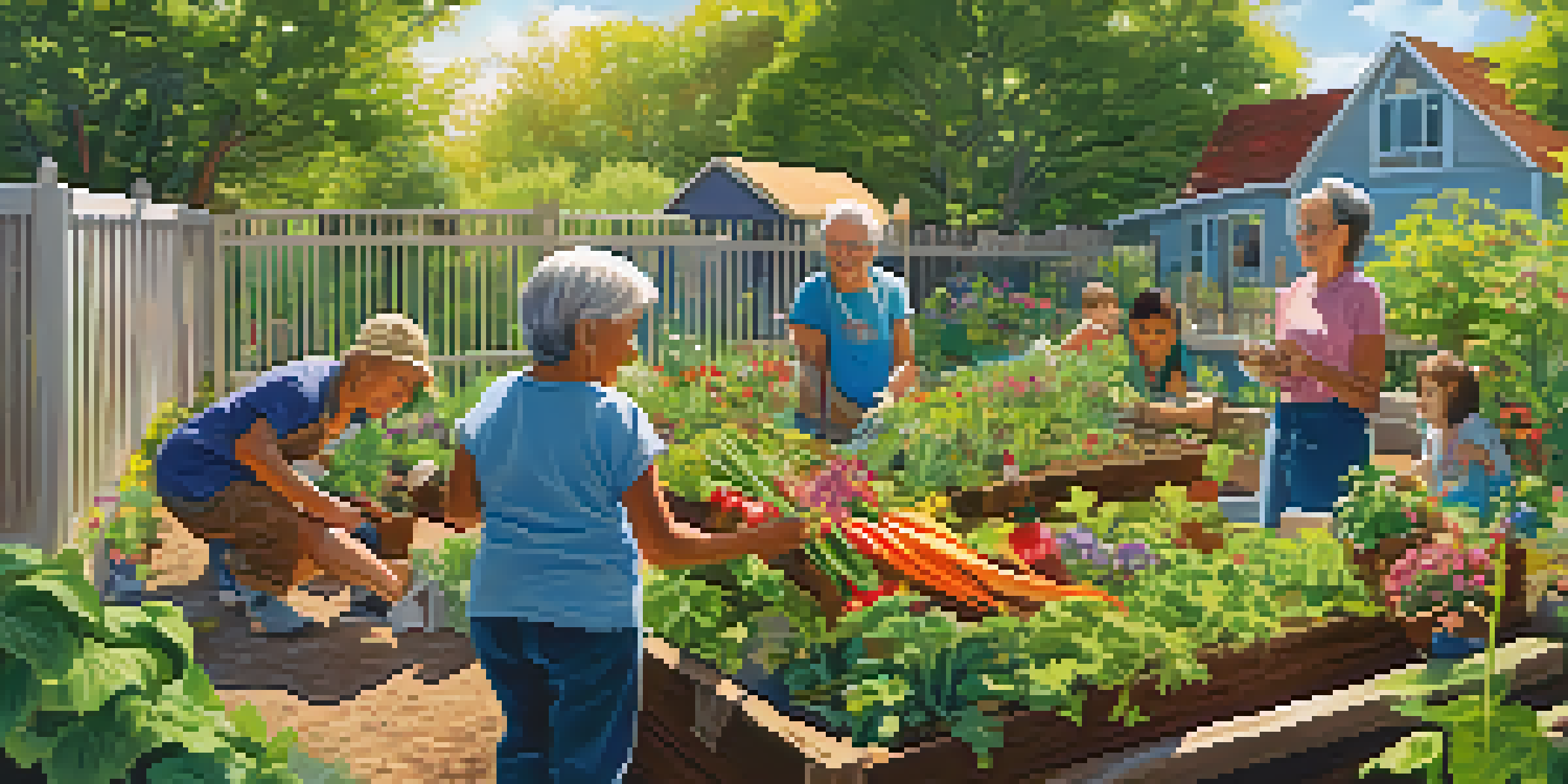 A community garden with seniors and youth actively planting seeds together under a sunny sky.