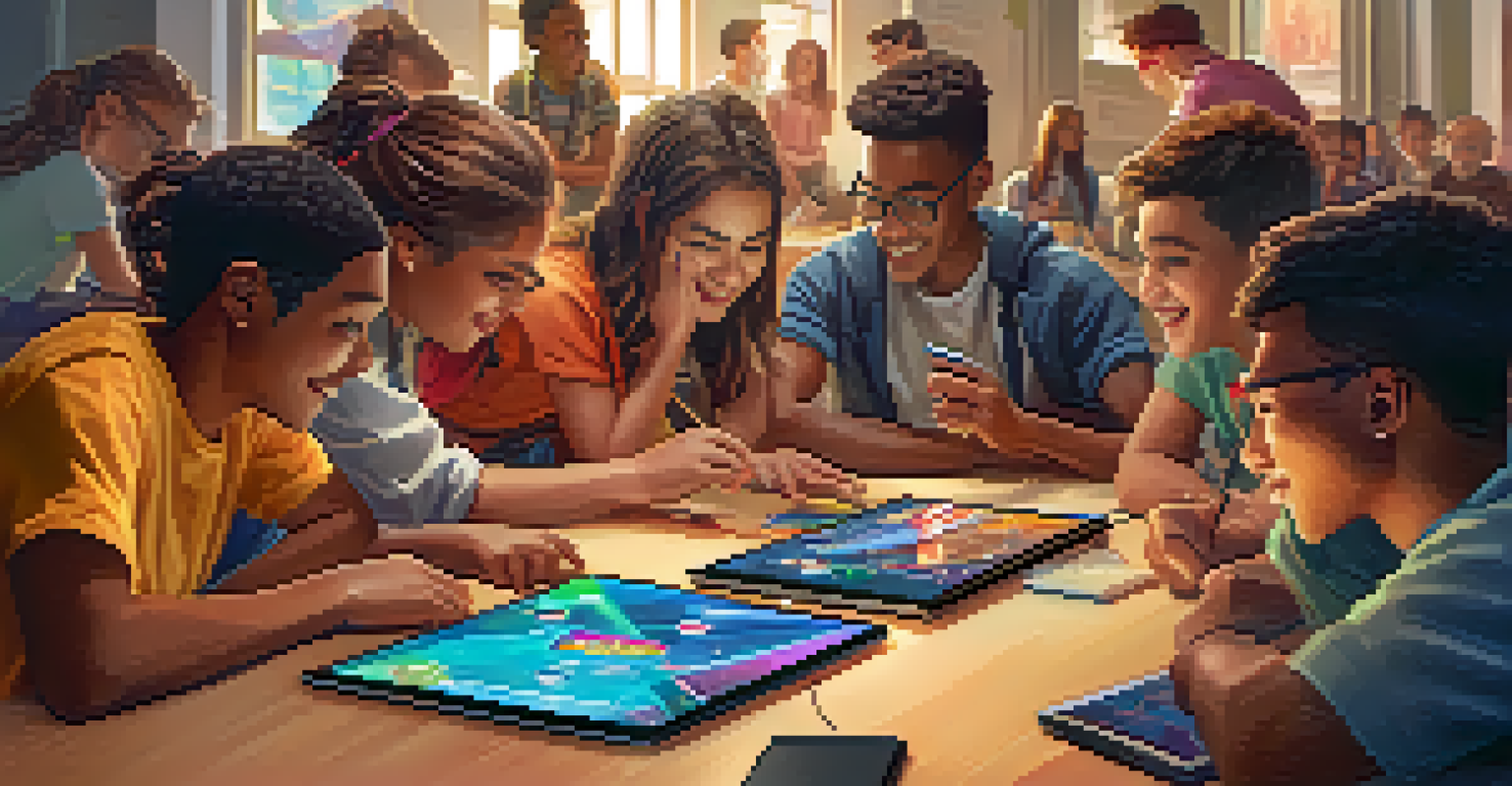 A group of young people engaged in a gamified civic education session at a table, using digital devices and smiling.