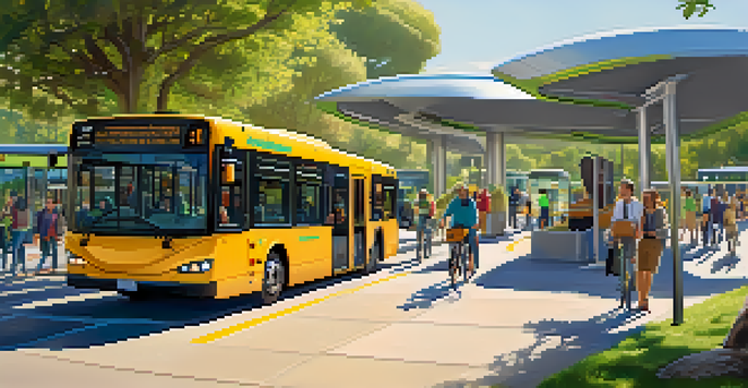 A modern transit station in Cupertino with electric buses, greenery, solar panels, and diverse people boarding the buses, with bicycles attached to the racks.