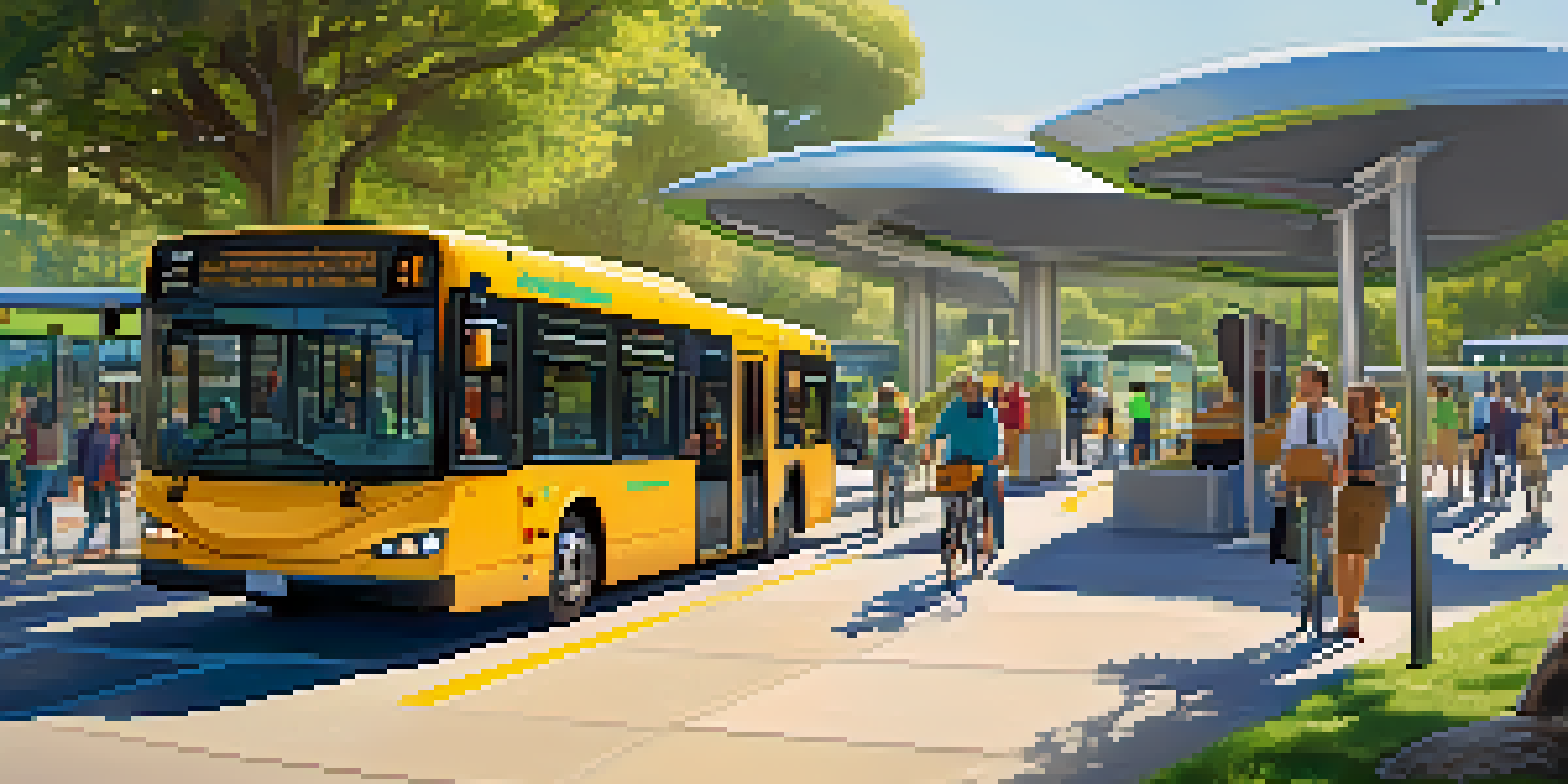 A modern transit station in Cupertino with electric buses, greenery, solar panels, and diverse people boarding the buses, with bicycles attached to the racks.