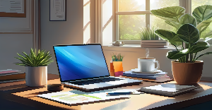 A cozy home office with a wooden desk, laptop, notepad with sticky notes, and a cup of coffee, bathed in sunlight.