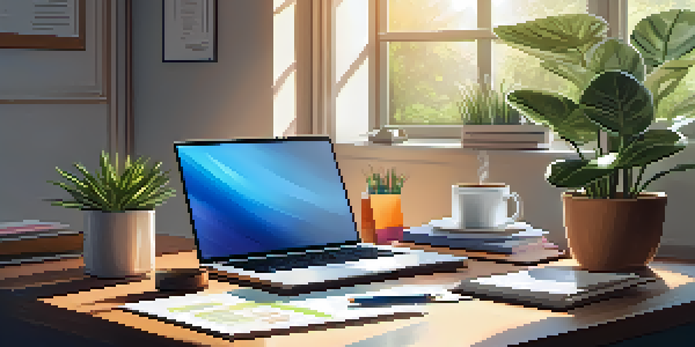 A cozy home office with a wooden desk, laptop, notepad with sticky notes, and a cup of coffee, bathed in sunlight.