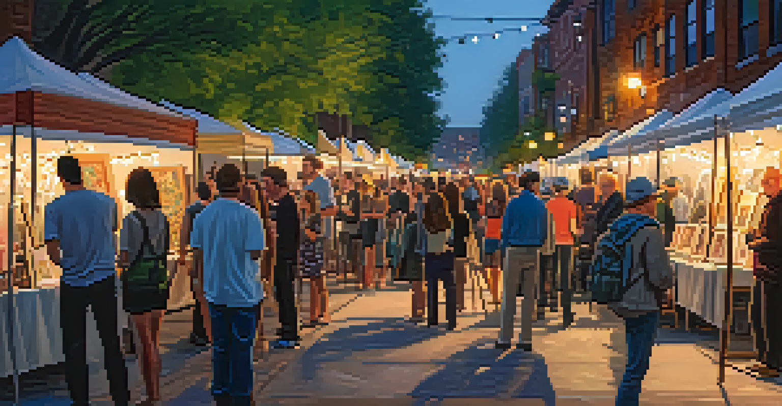 An art walk event with local artists showcasing their works on easels and art enthusiasts admiring the pieces under string lights in the evening.