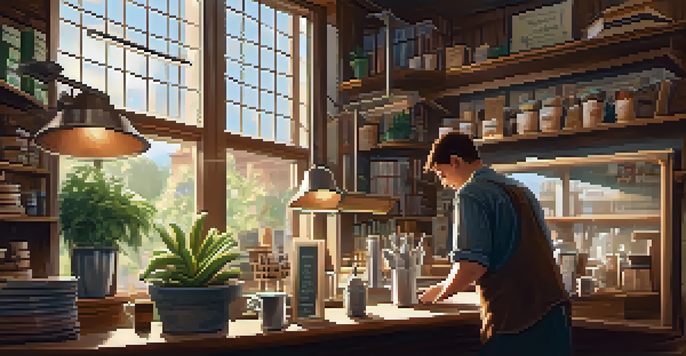 A barista serving coffee in a warm, inviting coffee shop with natural light and greenery.