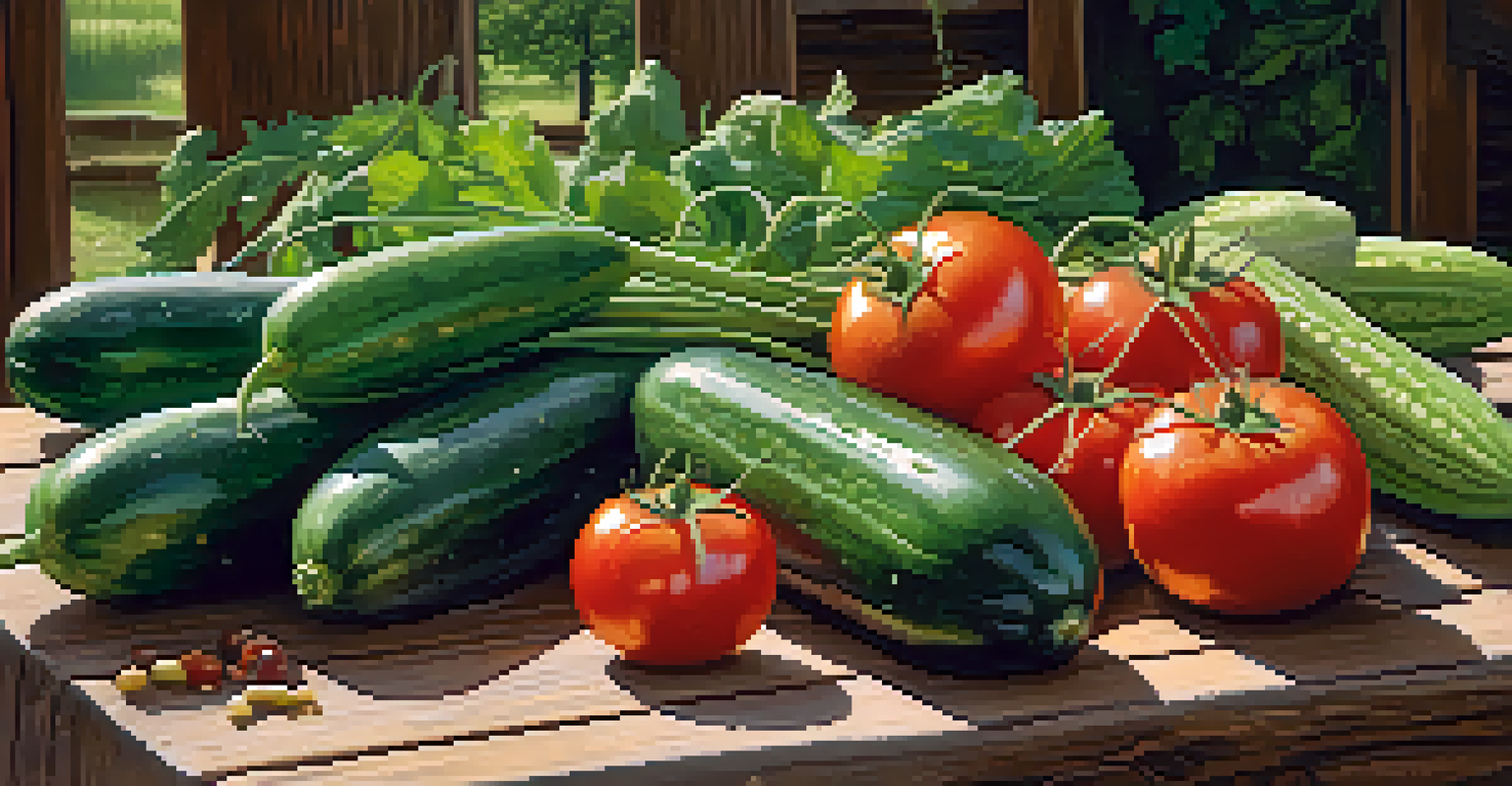 Freshly harvested vegetables displayed on a wooden table, with a community garden in the background.