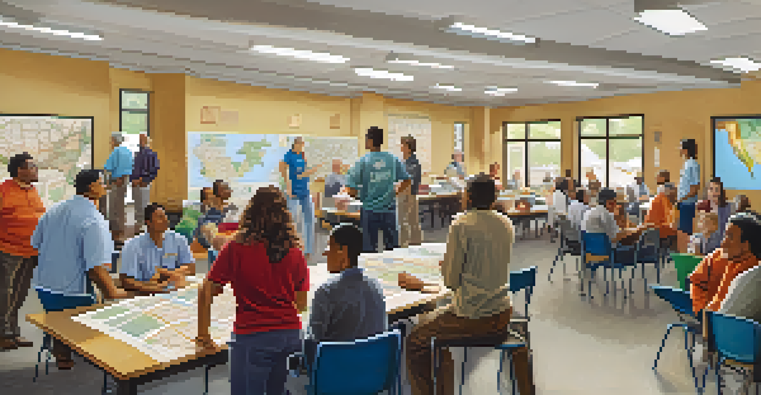 Residents gathered in a community center discussing emergency preparedness with maps and safety materials on the table.