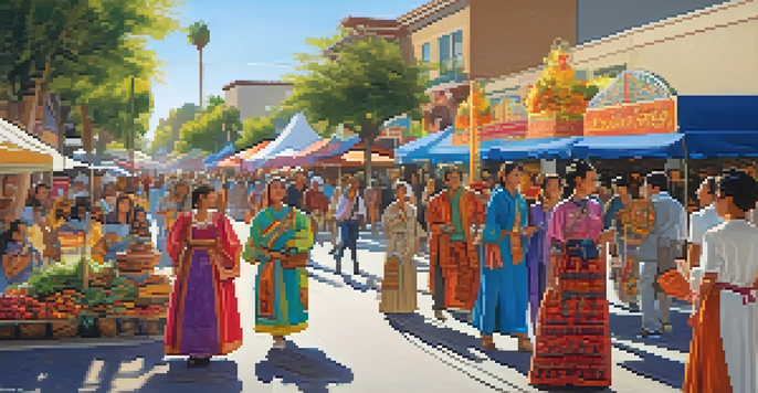 A multicultural festival in Cupertino with people in traditional clothing celebrating together in a lively street scene.