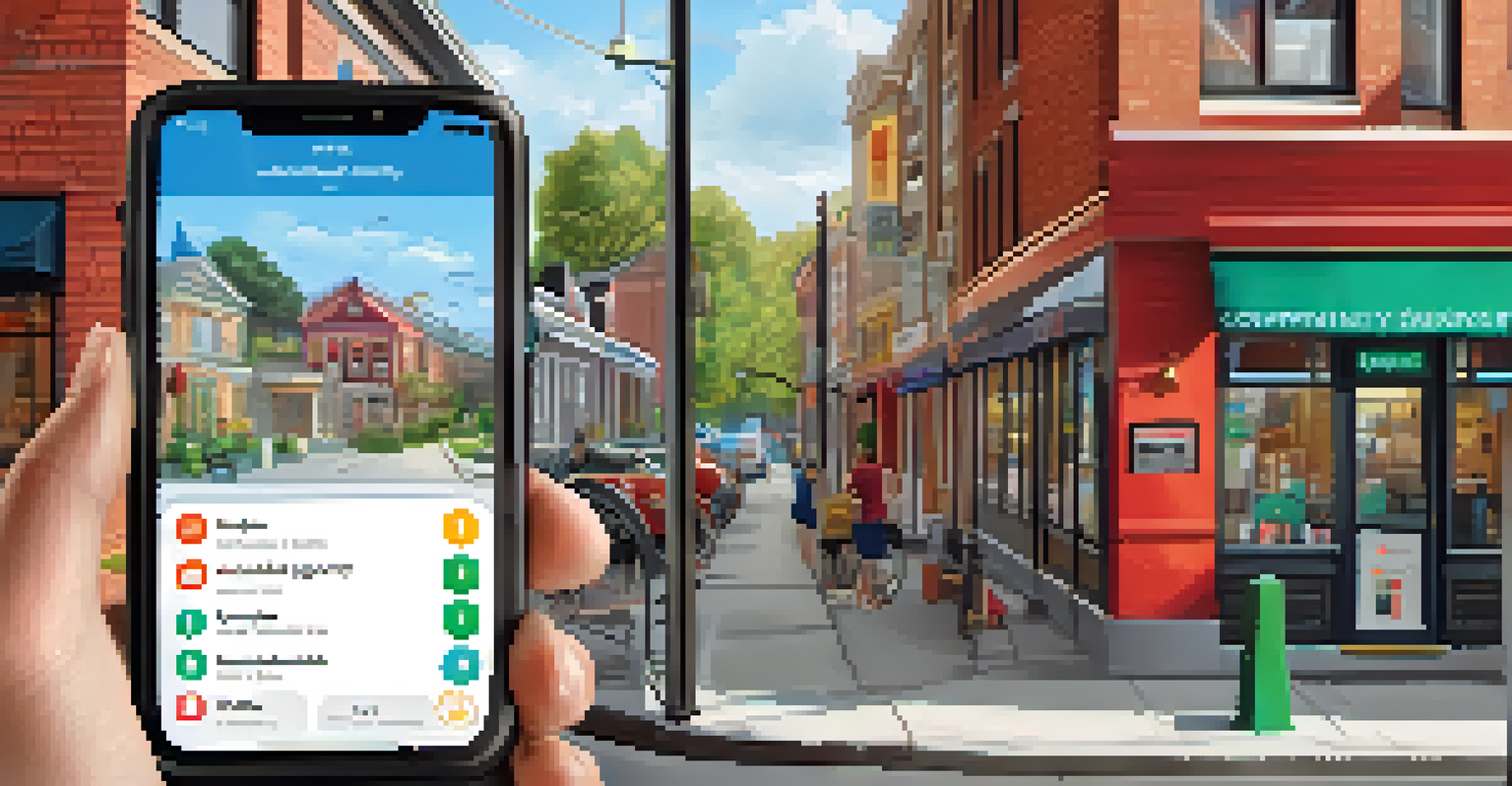 A smartphone displaying a community emergency app with alerts and safety tips against a neighborhood background.