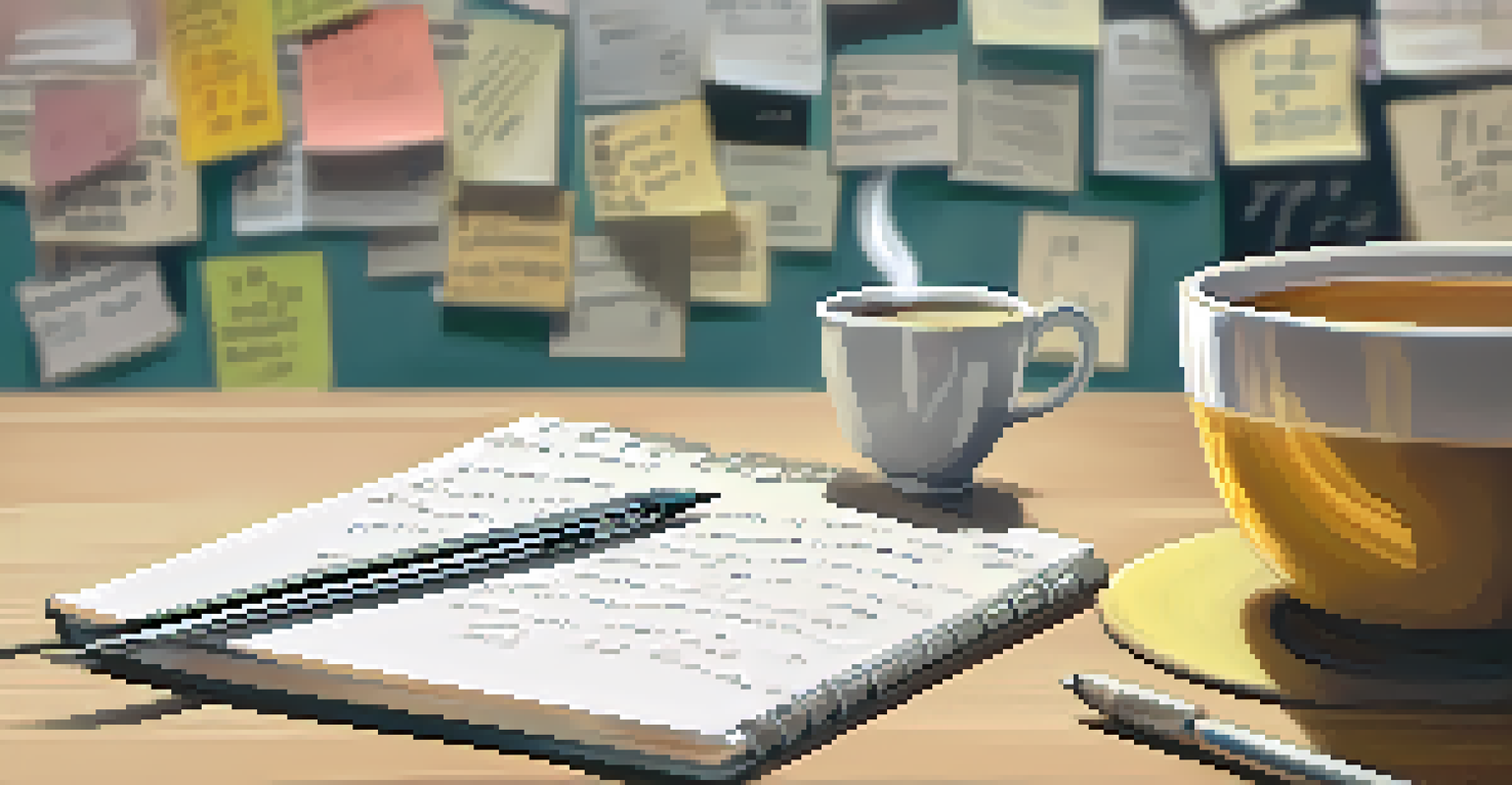 A close-up of a hand holding a cup of tea next to a notebook, with inspirational quotes blurred in the background.