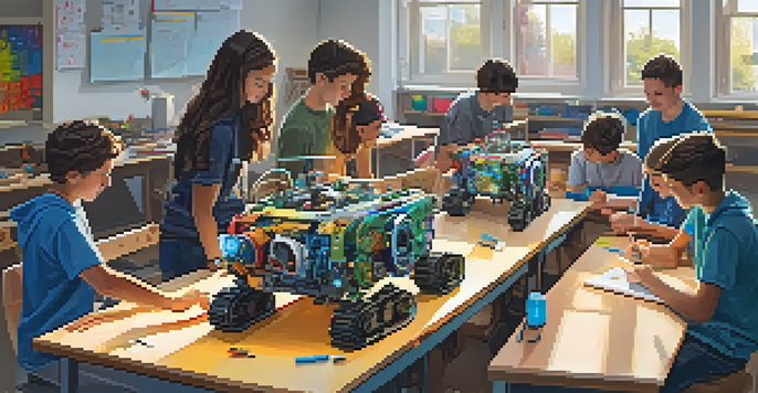 A group of diverse students working together in a school workshop to build a robot, surrounded by tools and materials.
