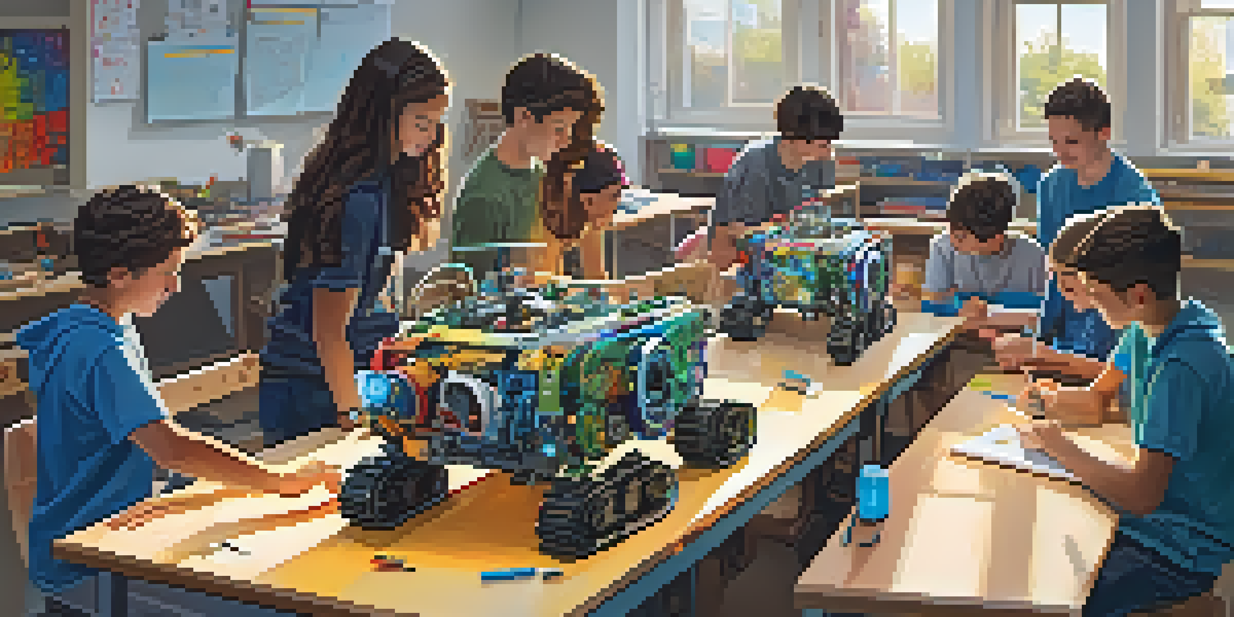 A group of diverse students working together in a school workshop to build a robot, surrounded by tools and materials.
