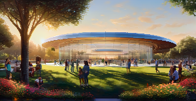 A view of Apple's headquarters with modern architecture and greenery, people chatting in the foreground during golden hour.