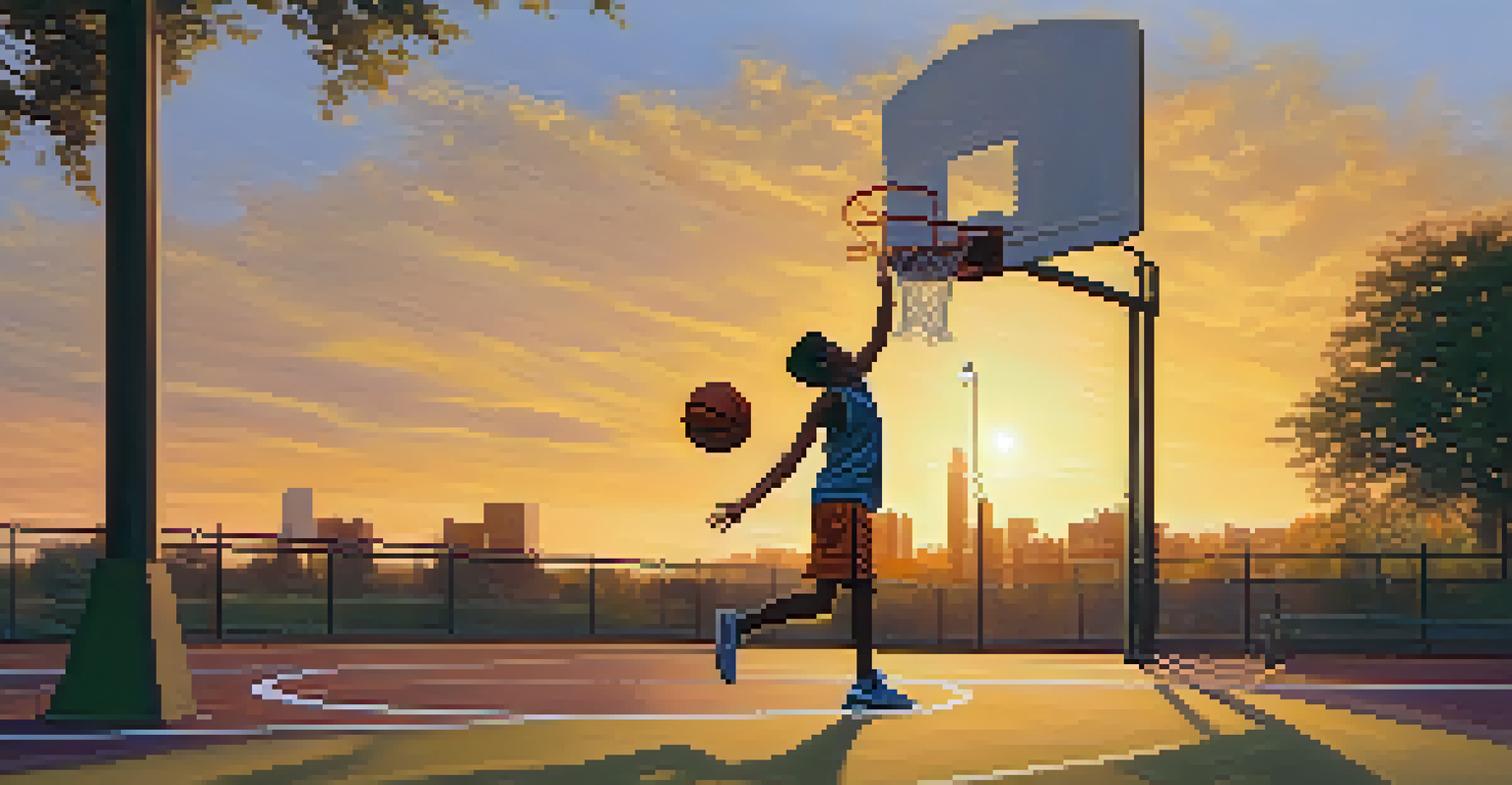 A young basketball player practicing alone on an outdoor court during sunset, showcasing determination.