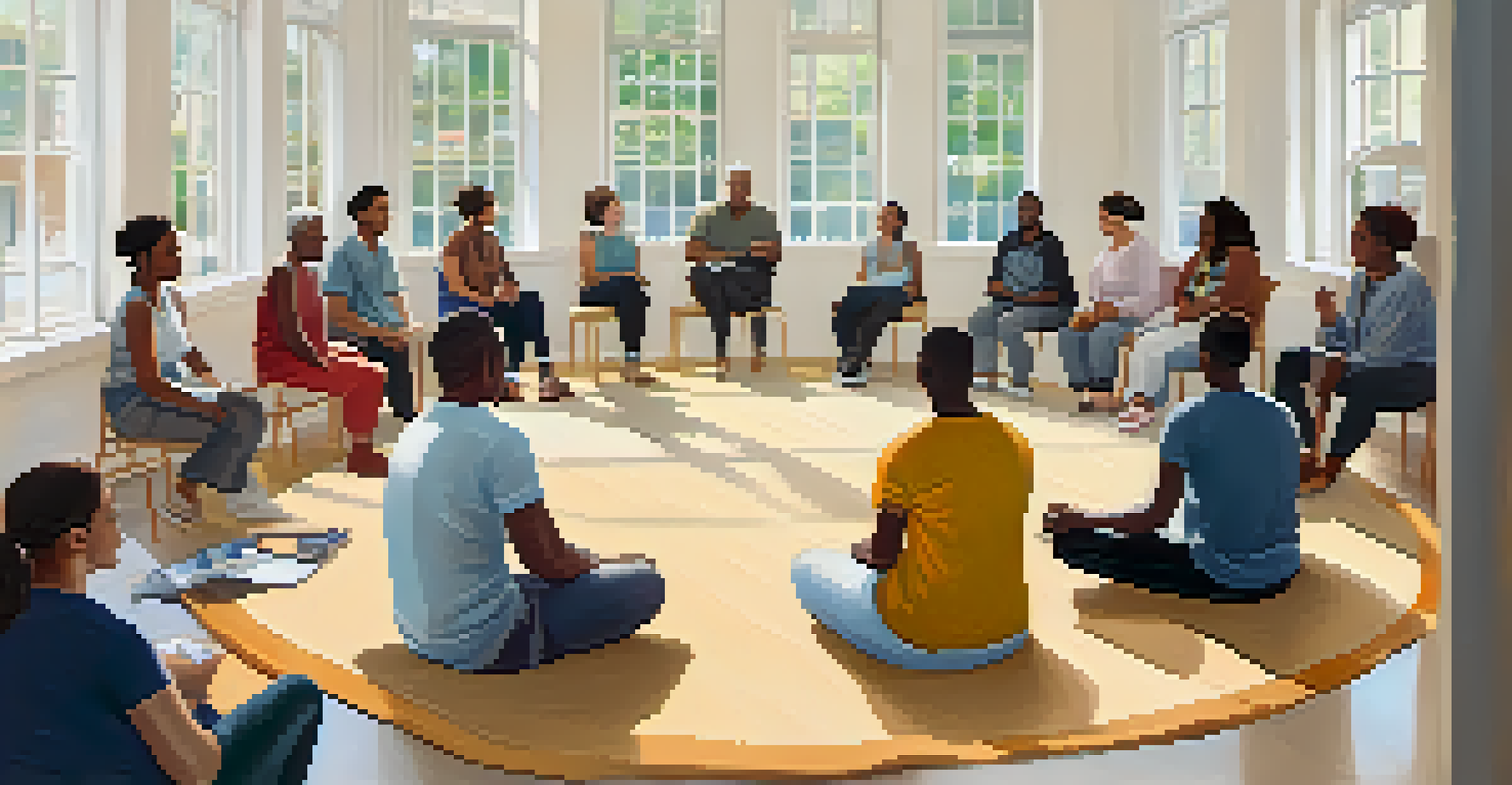 A community workshop with a diverse group of people sharing experiences in a bright room.