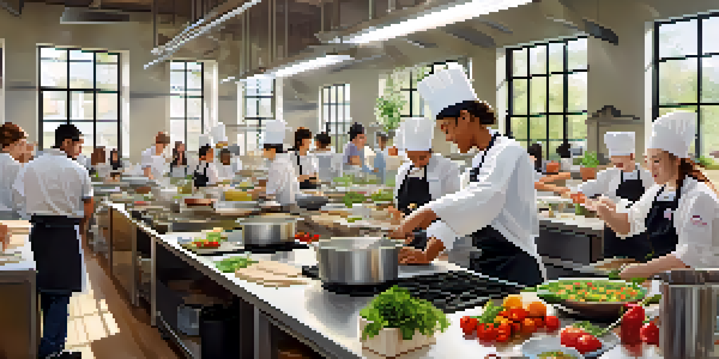 A classroom scene with diverse students participating in cooking activities, showcasing teamwork and culinary learning.