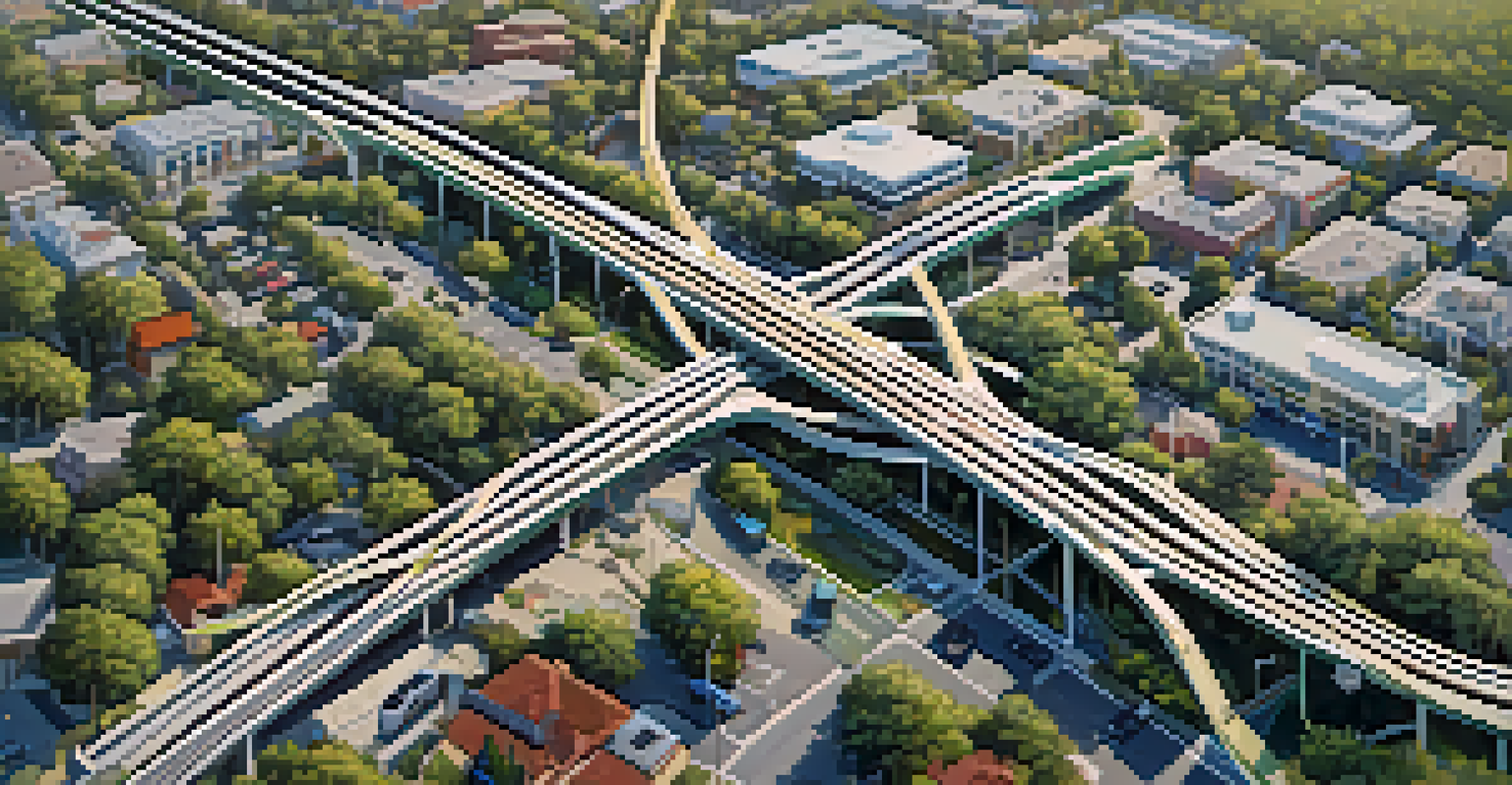 An aerial view of Cupertino showing its public transit network connecting neighborhoods and parks.