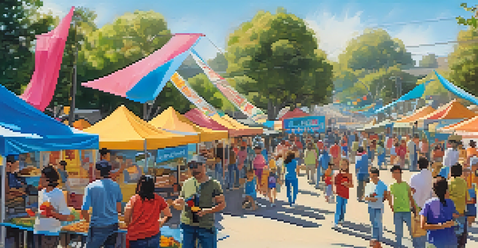 A lively community festival in Cupertino with families, food stalls, and children playing, set against a bright blue sky.