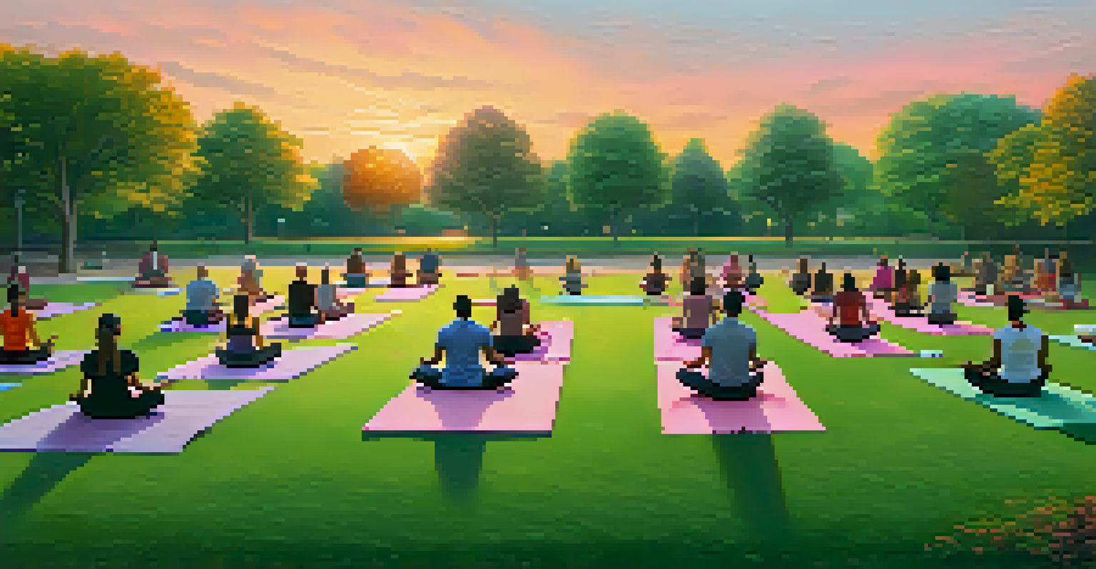 A diverse group of individuals practicing yoga in an urban park during sunset, surrounded by greenery and a colorful sky.
