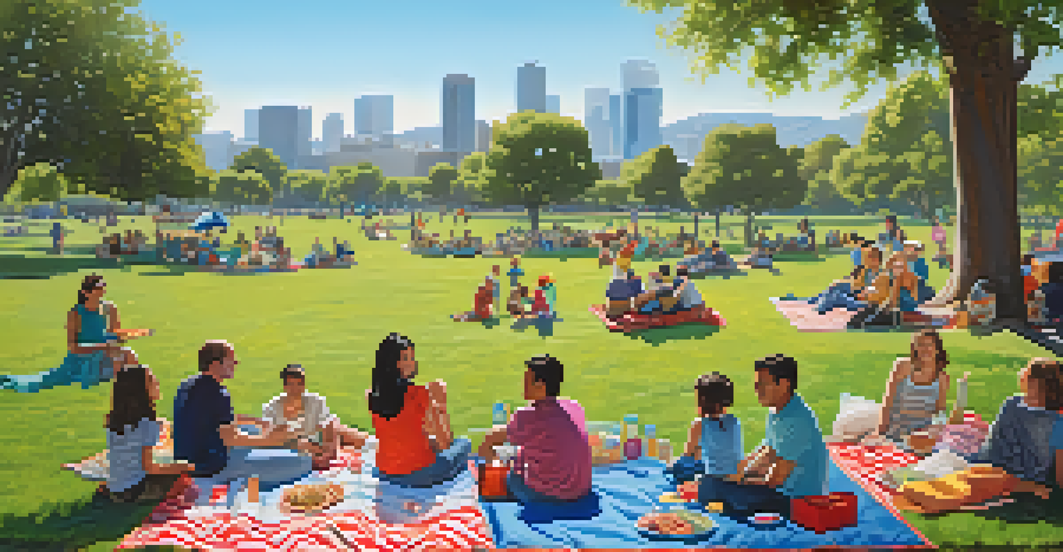 A community picnic in Cupertino with families enjoying food and activities in a park, with a city skyline behind them.