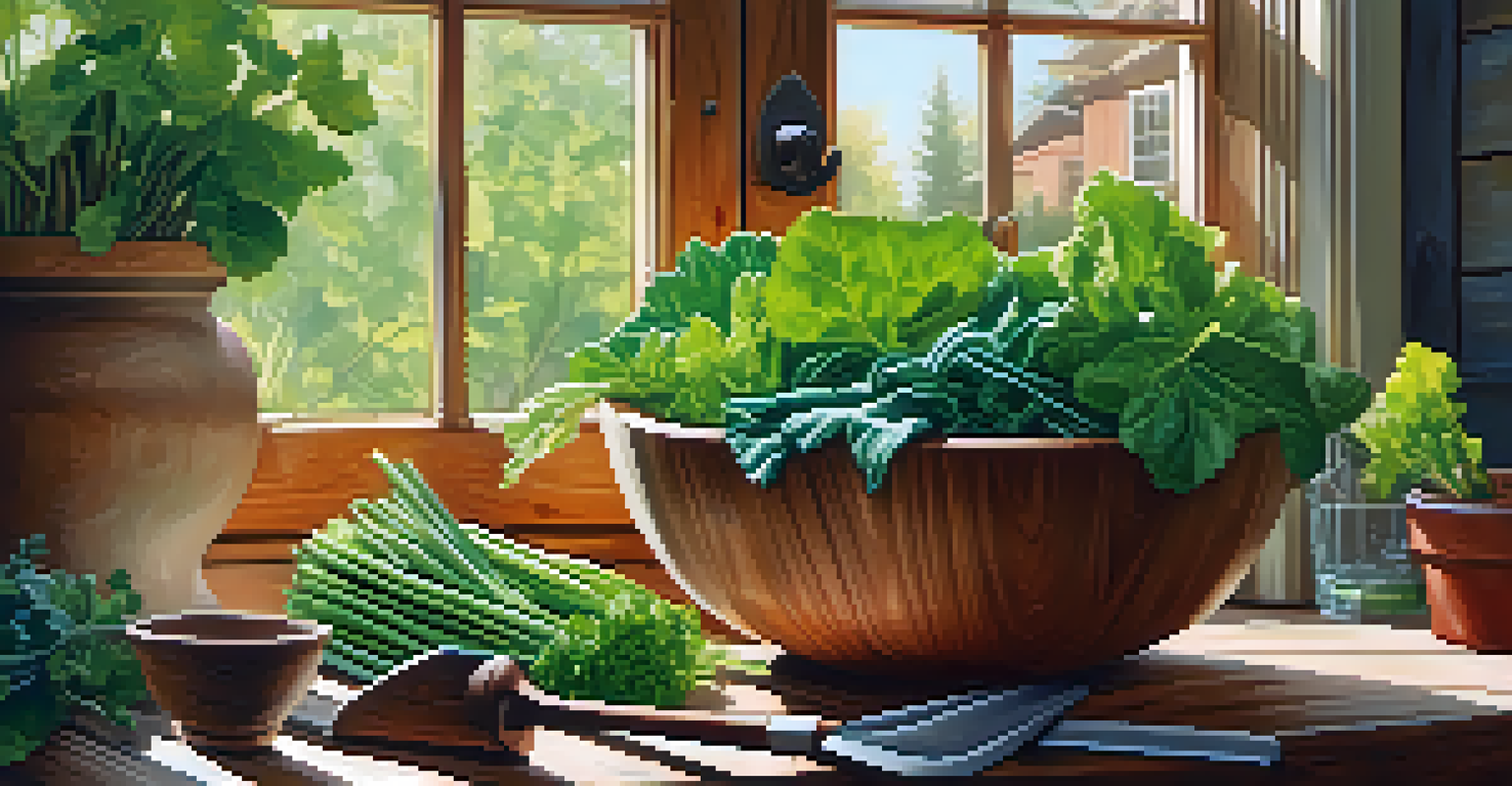 A close-up of freshly harvested greens in a rustic bowl with gardening tools beside it, set in a peaceful garden environment.
