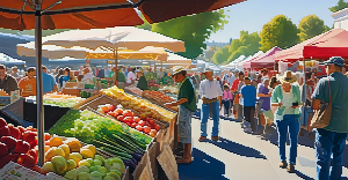 A lively farmers' market with colorful produce and local vendors engaging with customers under soft morning sunlight.