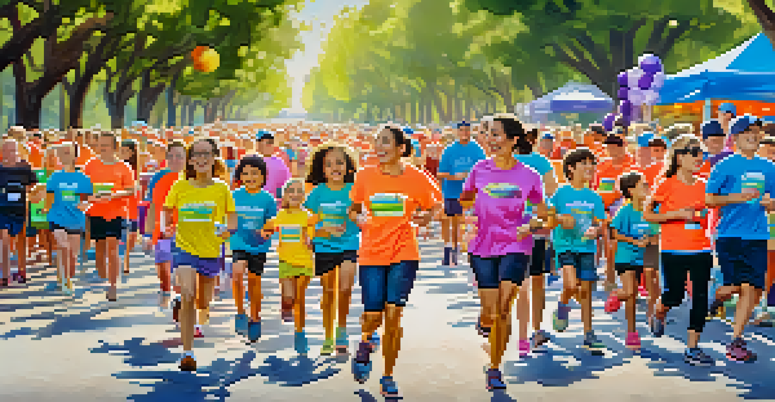 A family of four in matching T-shirts participating in a fun run event in a lively park, surrounded by spectators and decorations.