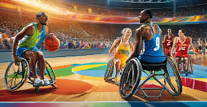 A diverse group of athletes playing wheelchair basketball, displaying dynamic movement and teamwork in a bright indoor gym.