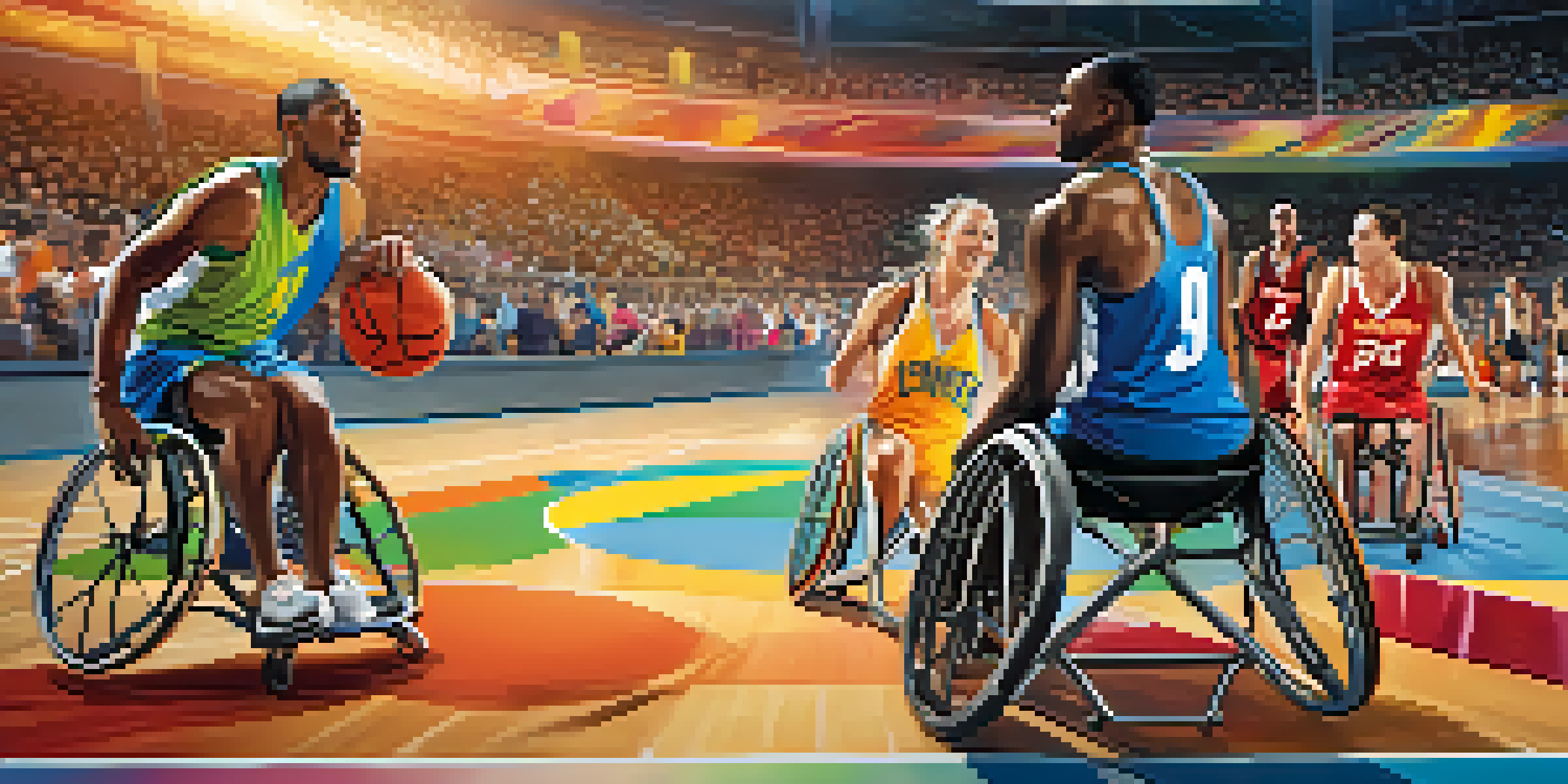 A diverse group of athletes playing wheelchair basketball, displaying dynamic movement and teamwork in a bright indoor gym.