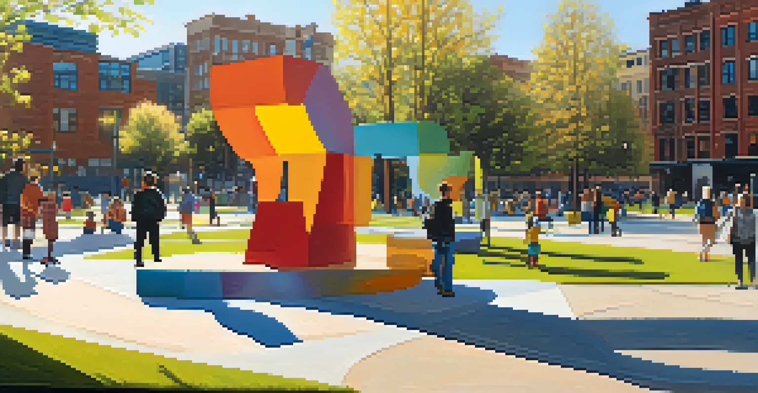 An abstract sculpture installation in a park made of recycled materials, with sunlight creating shadows and people enjoying the outdoor space.