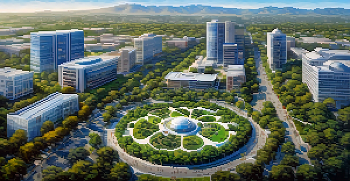 Aerial view of Cupertino showing parks and tech buildings under a blue sky.