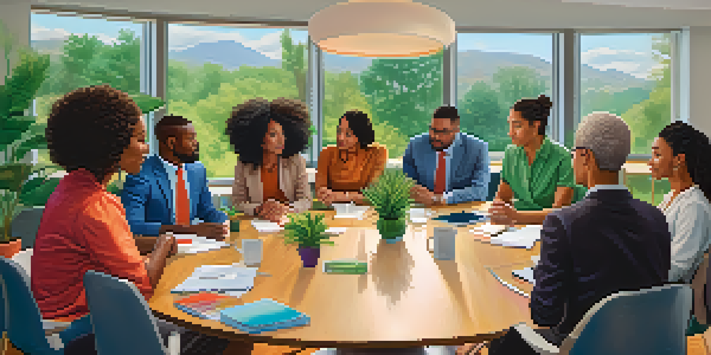 A diverse group of people in a modern conference room engaged in a brainstorming session, with natural light and colorful decorations.