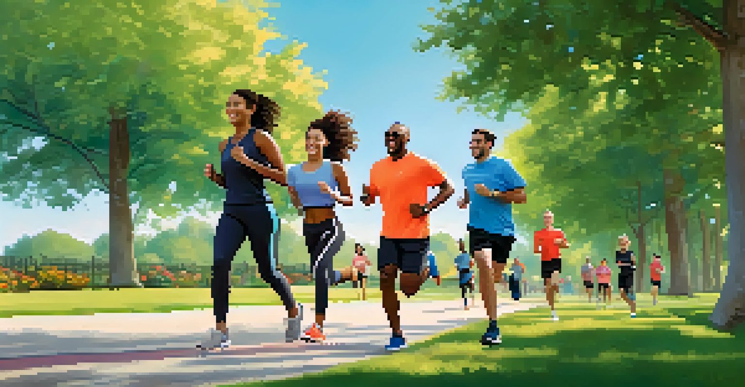 A group of friends jogging in a park, all wearing Apple Watches and smiling, surrounded by lush trees and a clear sky.