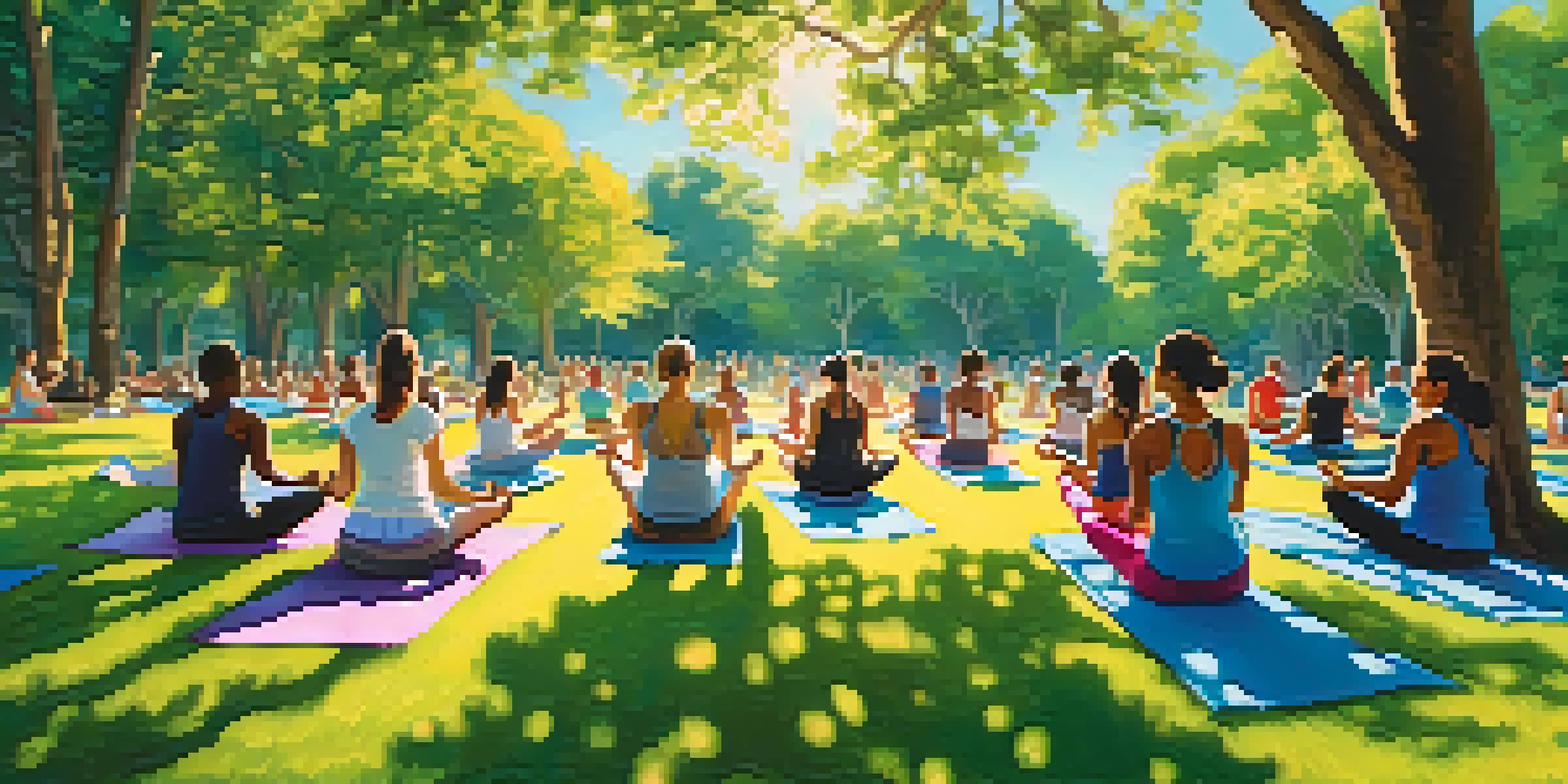 A diverse group of individuals practicing yoga outdoors in a lush green park under a bright blue sky.