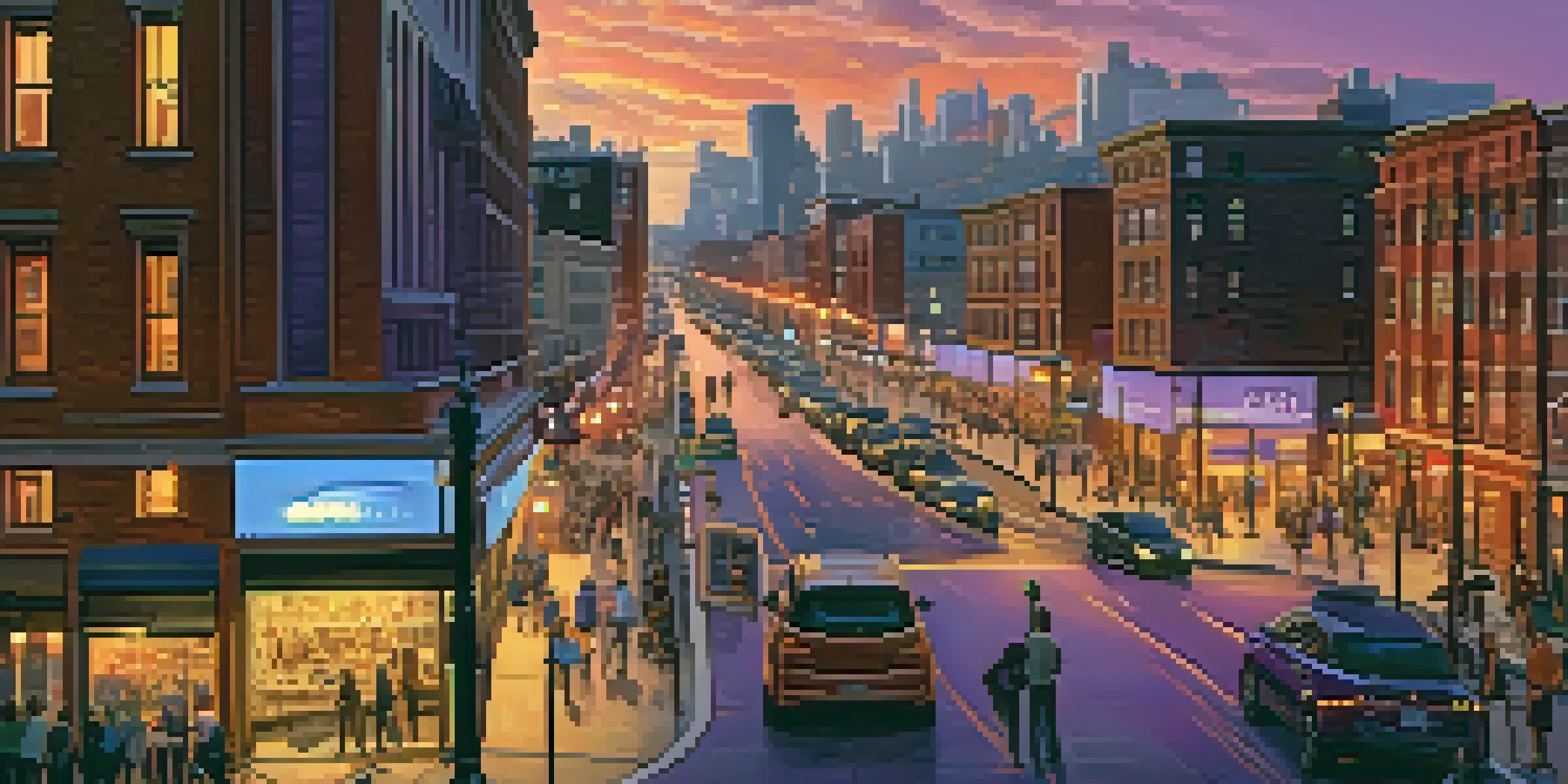 A vibrant cityscape at dusk with people interacting with smart surveillance systems and illuminated streetlights.