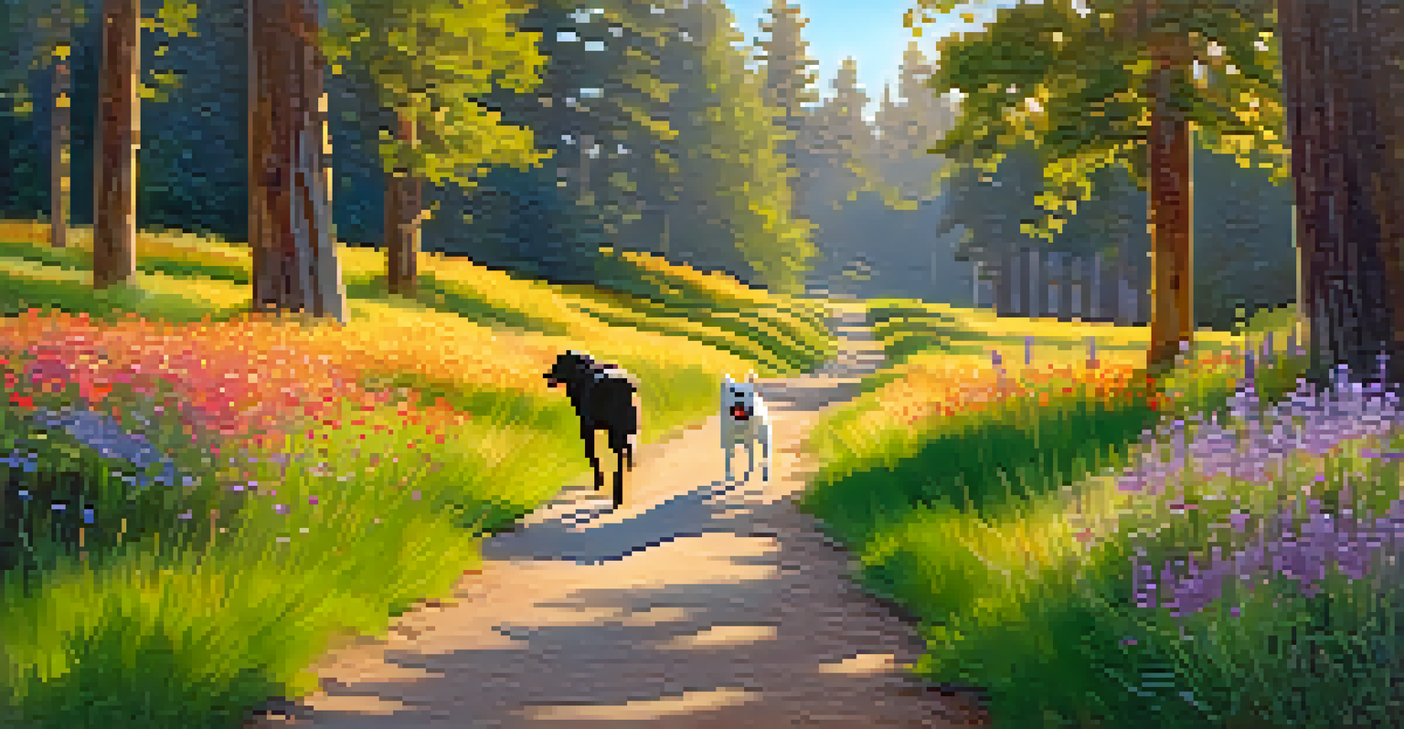 A scenic walking trail in a park with trees and wildflowers, featuring a dog owner walking their dog, with some dogs playing in the background.