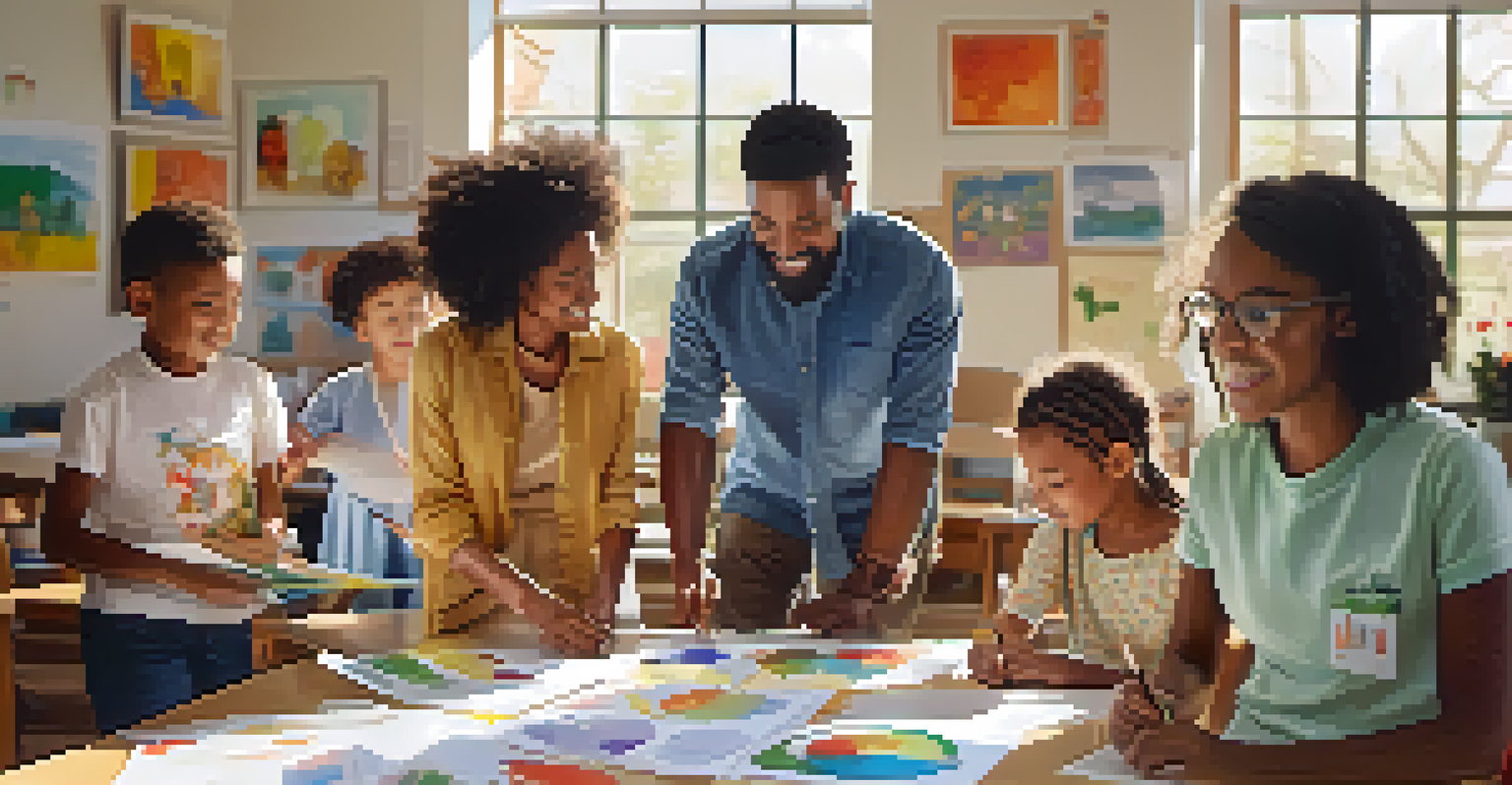 A diverse group of families participating in a workshop in a bright classroom, with a teacher facilitating the session and visual aids displayed.