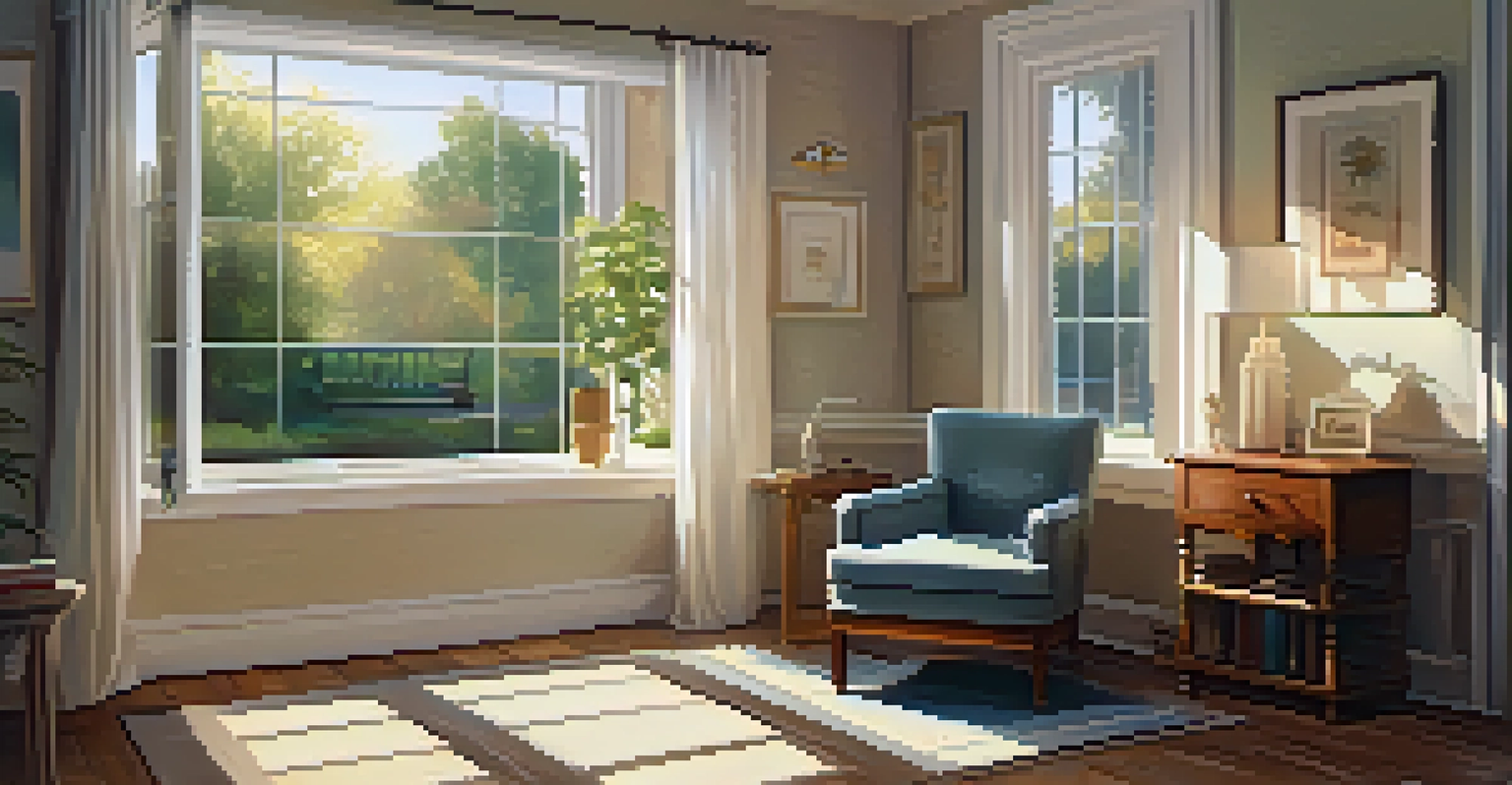 A peaceful corner with a chair, side table, and books, with a garden view through a window.