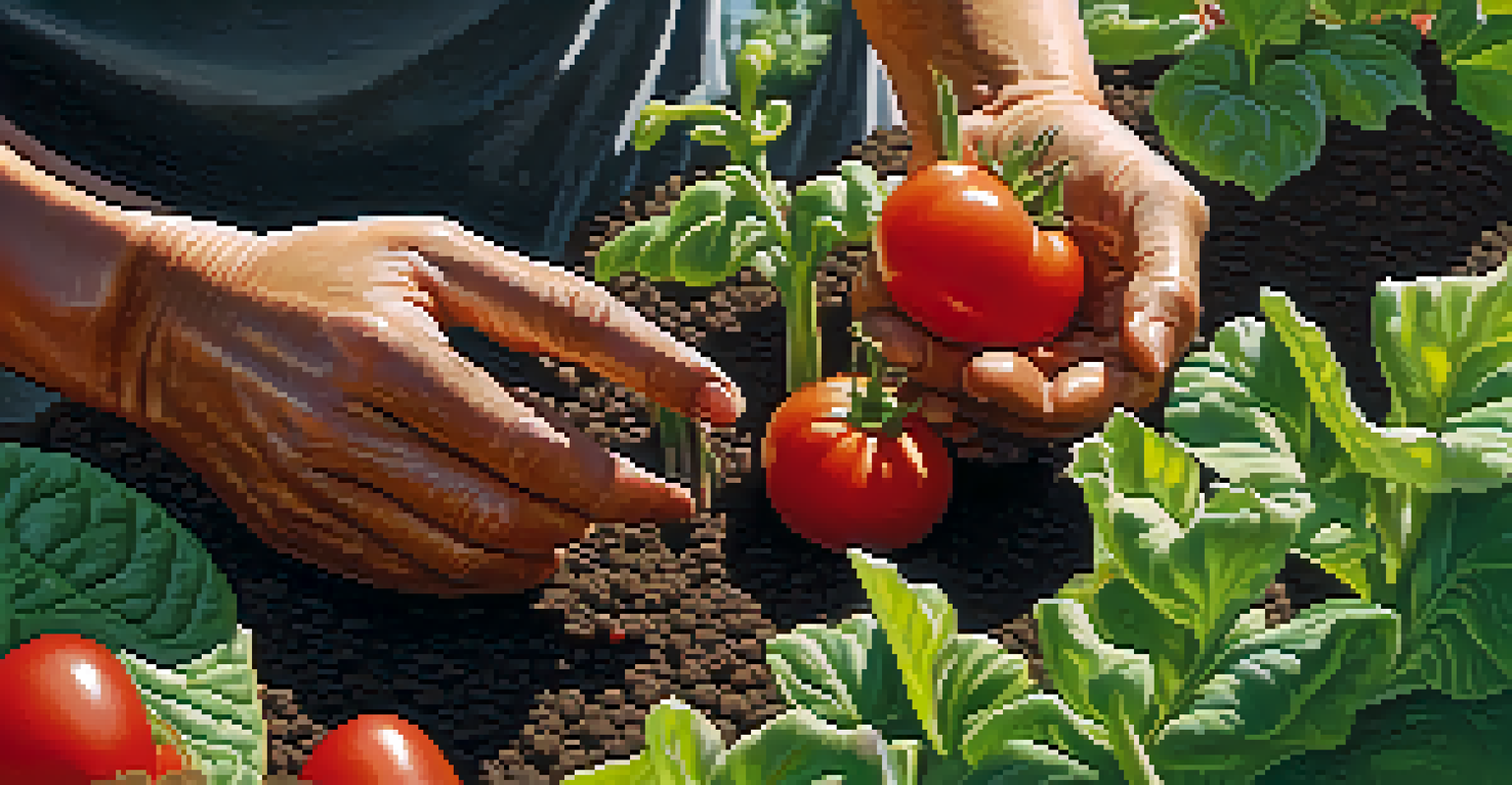A close-up of hands planting seeds in a lush vegetable garden with red tomatoes and green leaves.