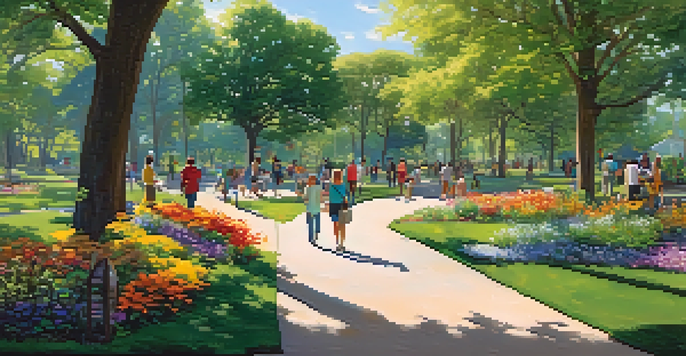 A community park bustling with families engaged in bird-watching and nature walks, surrounded by colorful flowers and lush greenery under sunlight.