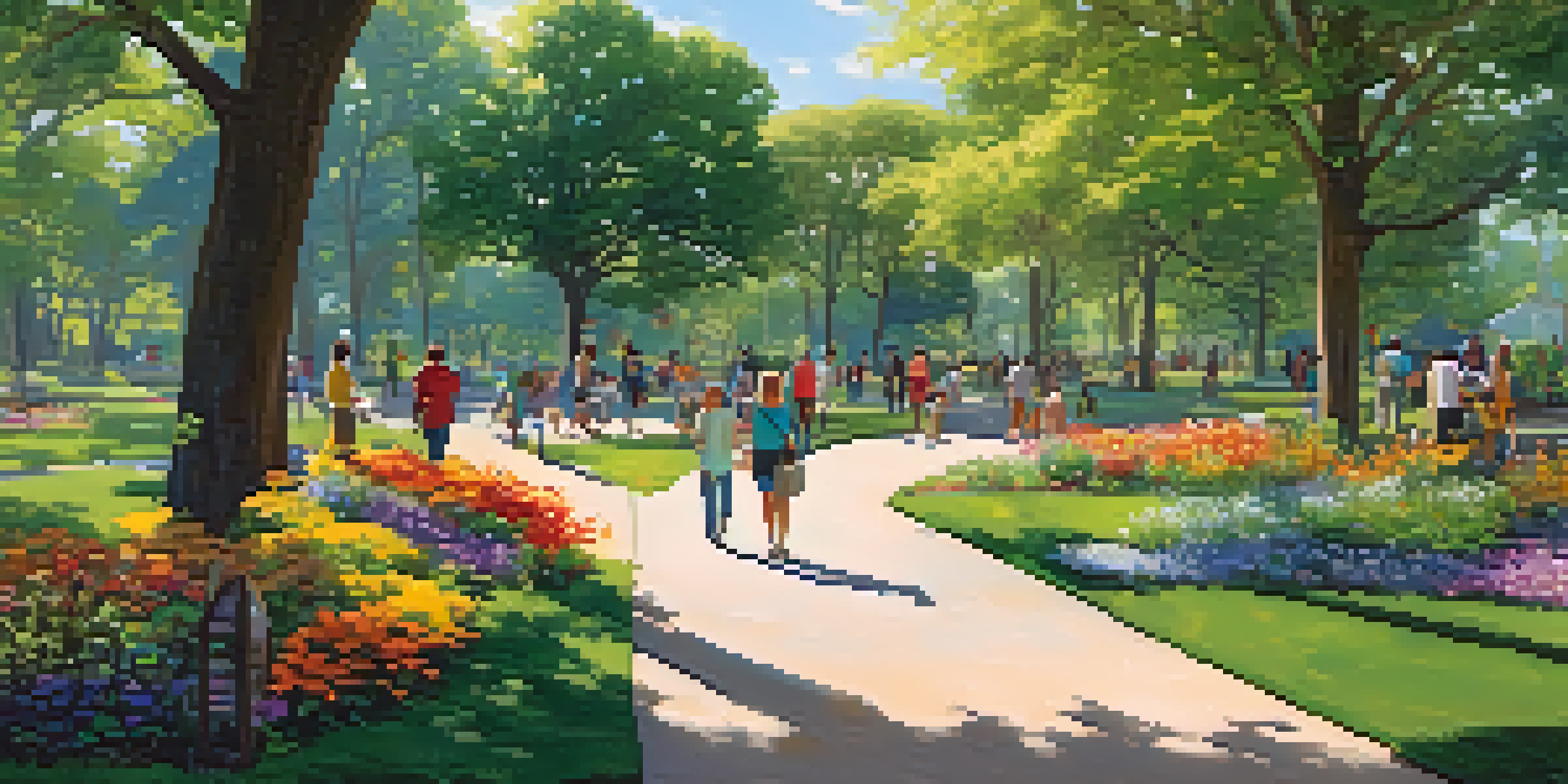 A community park bustling with families engaged in bird-watching and nature walks, surrounded by colorful flowers and lush greenery under sunlight.
