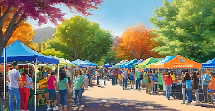 A lively community health fair with volunteers and attendees engaging in health education activities under bright sunlight.