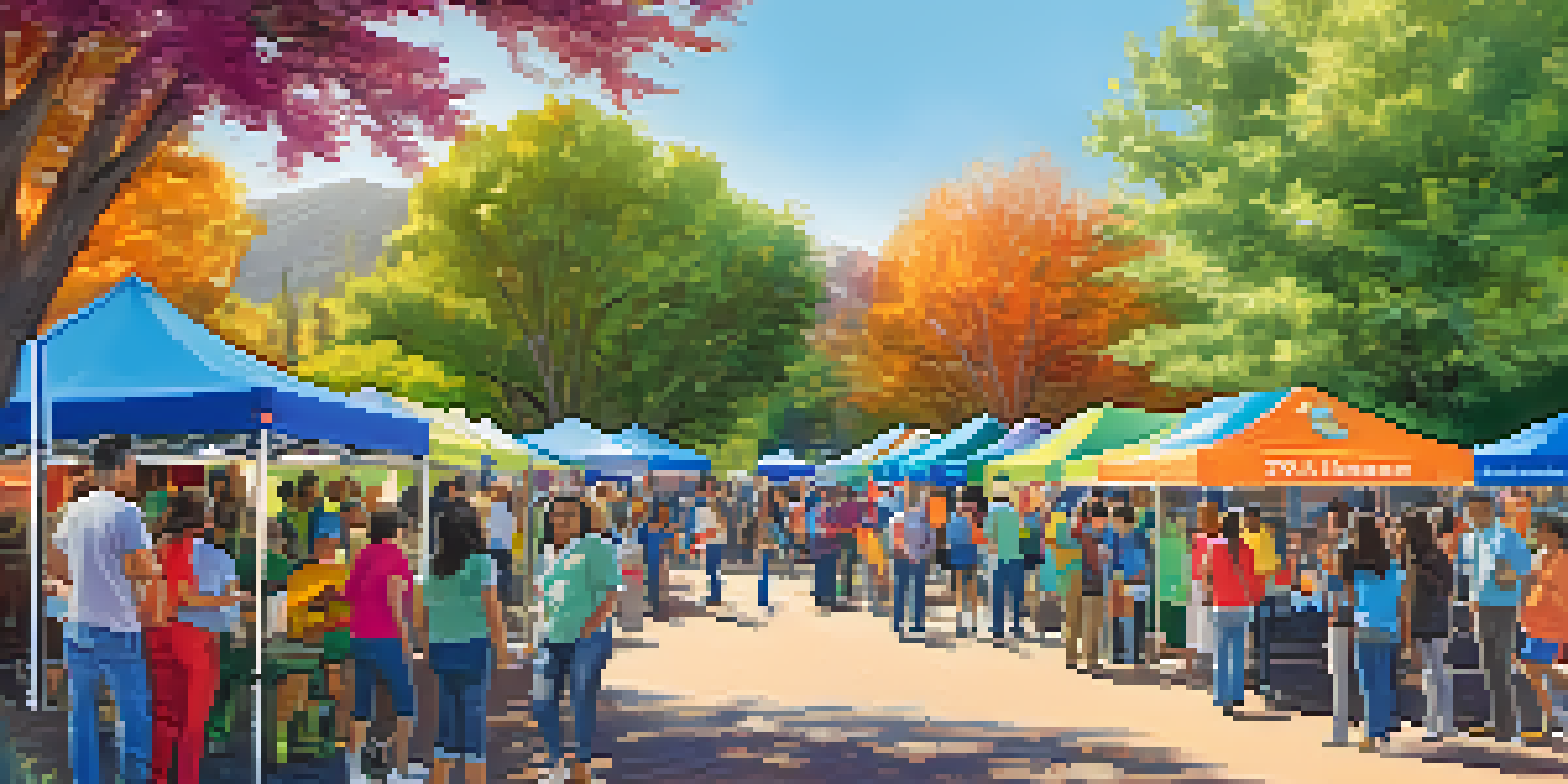 A lively community health fair with volunteers and attendees engaging in health education activities under bright sunlight.