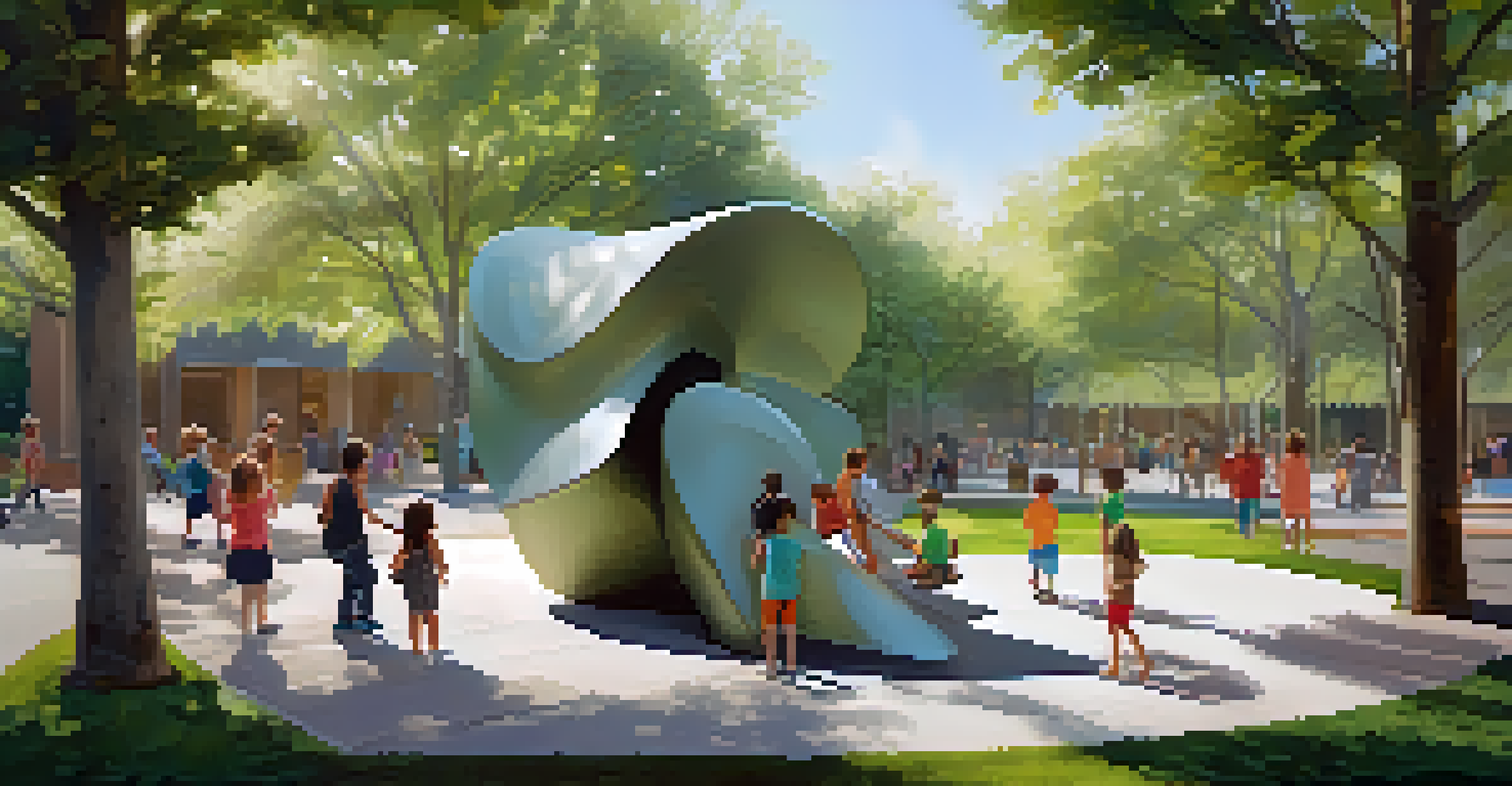 A large sculpture made of recycled materials in a park, with children playing and greenery surrounding the installation, illuminated by soft afternoon light.