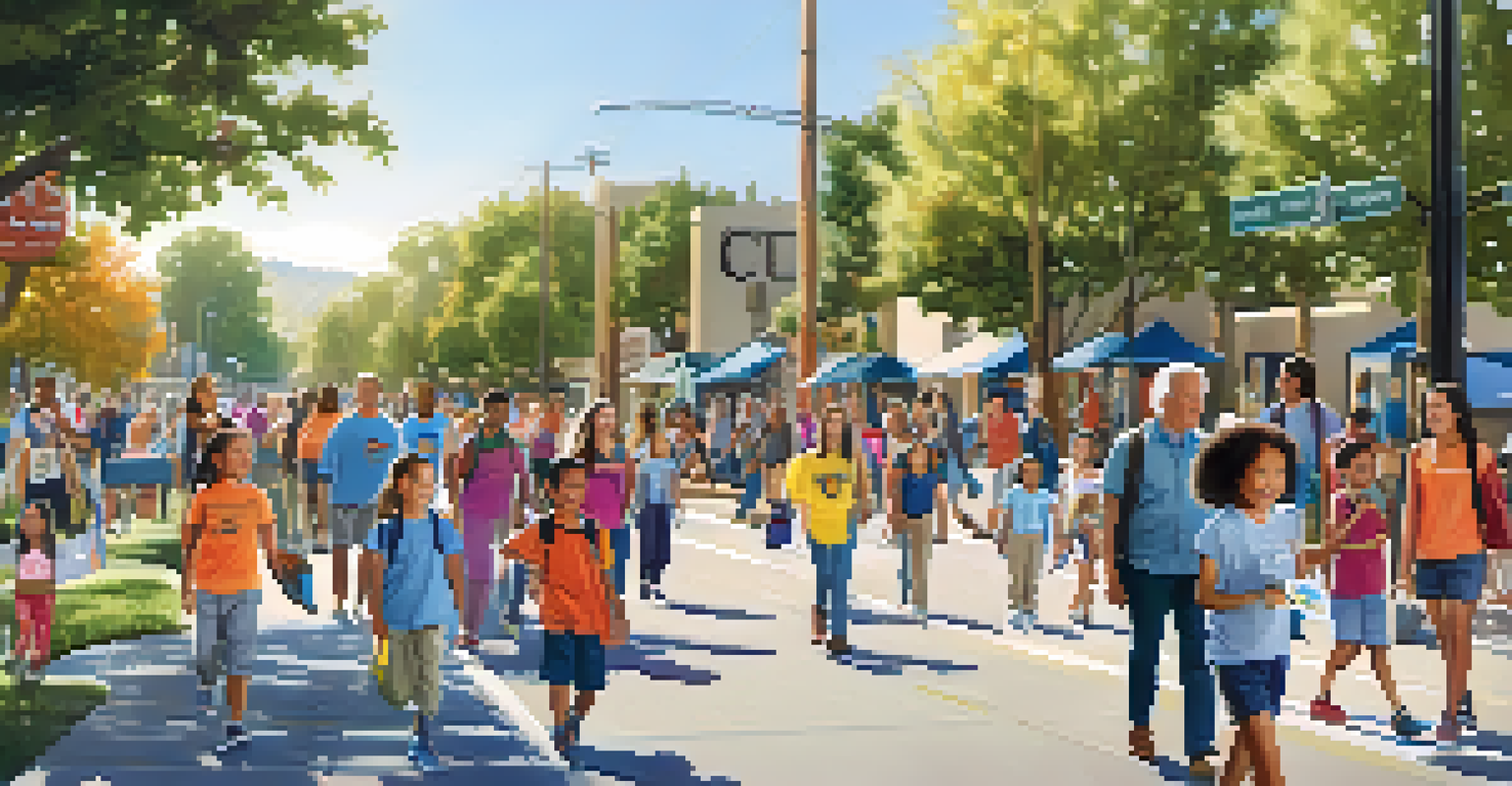 Close-up of families participating in a 'Walk to School Day' event in Cupertino, with banners promoting walking.
