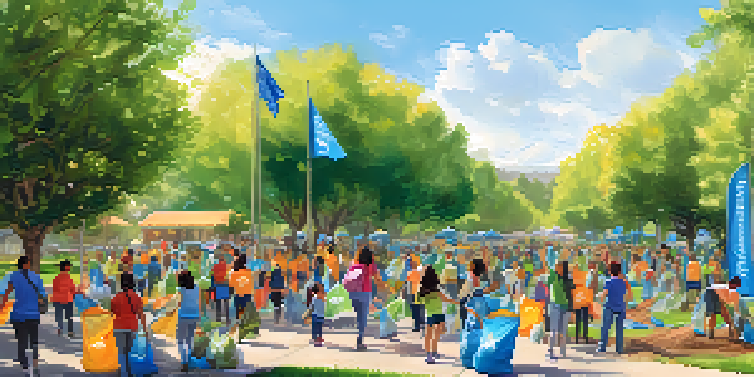 A community clean-up event with diverse residents picking up litter in a sunny park surrounded by green trees and colorful banners.