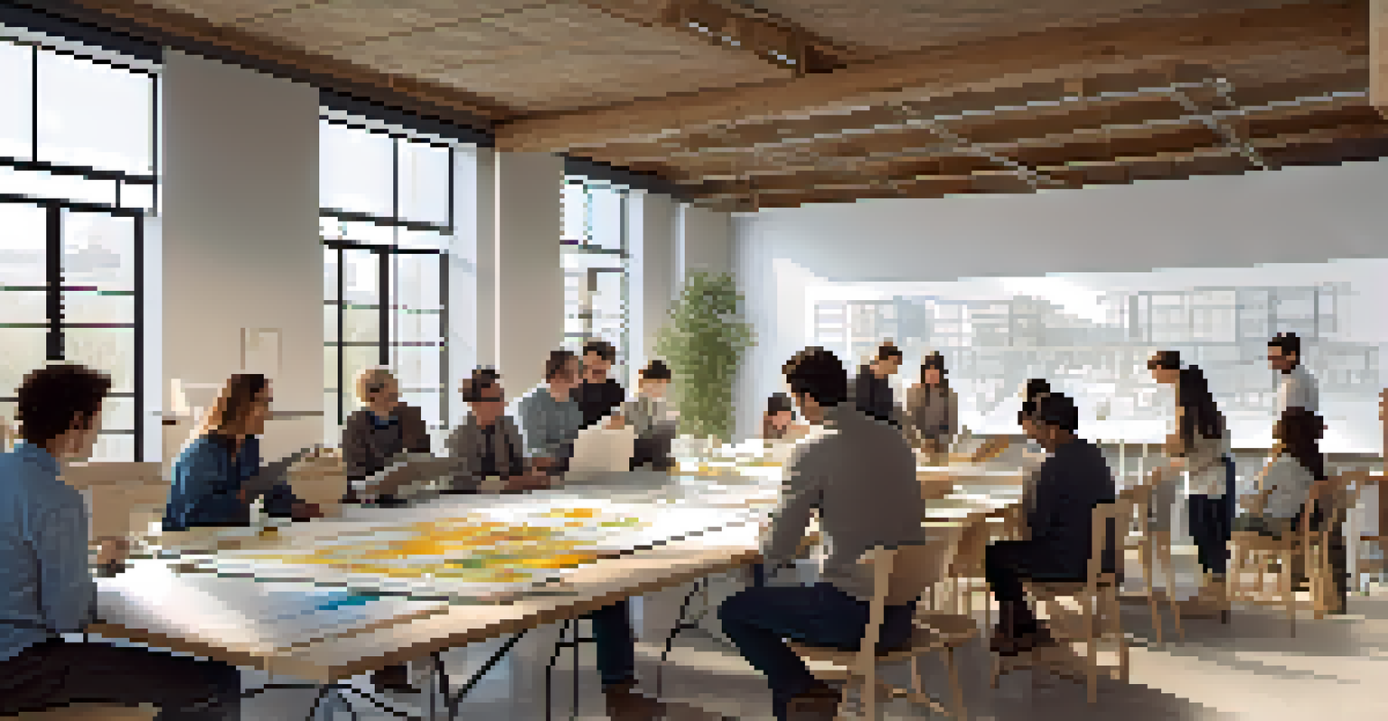 An indoor workshop with builders and architects discussing sustainable construction techniques, featuring blueprints and samples of eco-friendly materials.